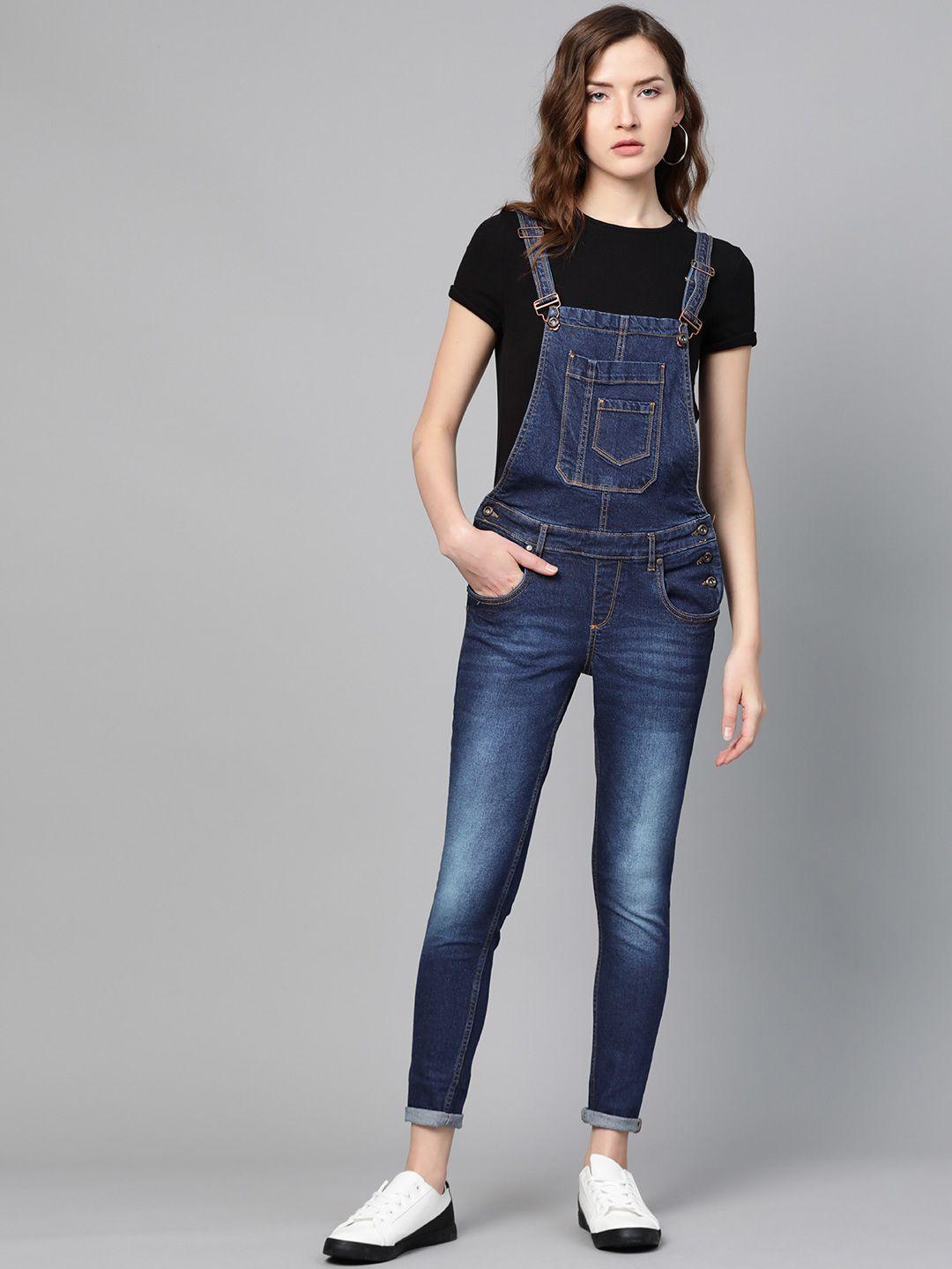 the roadster lifestyle co women navy blue faded skinny fit denim dungarees