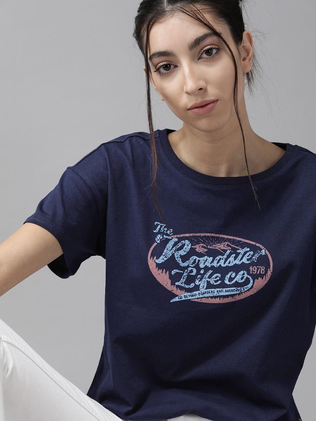the roadster lifestyle co women navy blue pure cotton brand logo printed round neck t-shirt