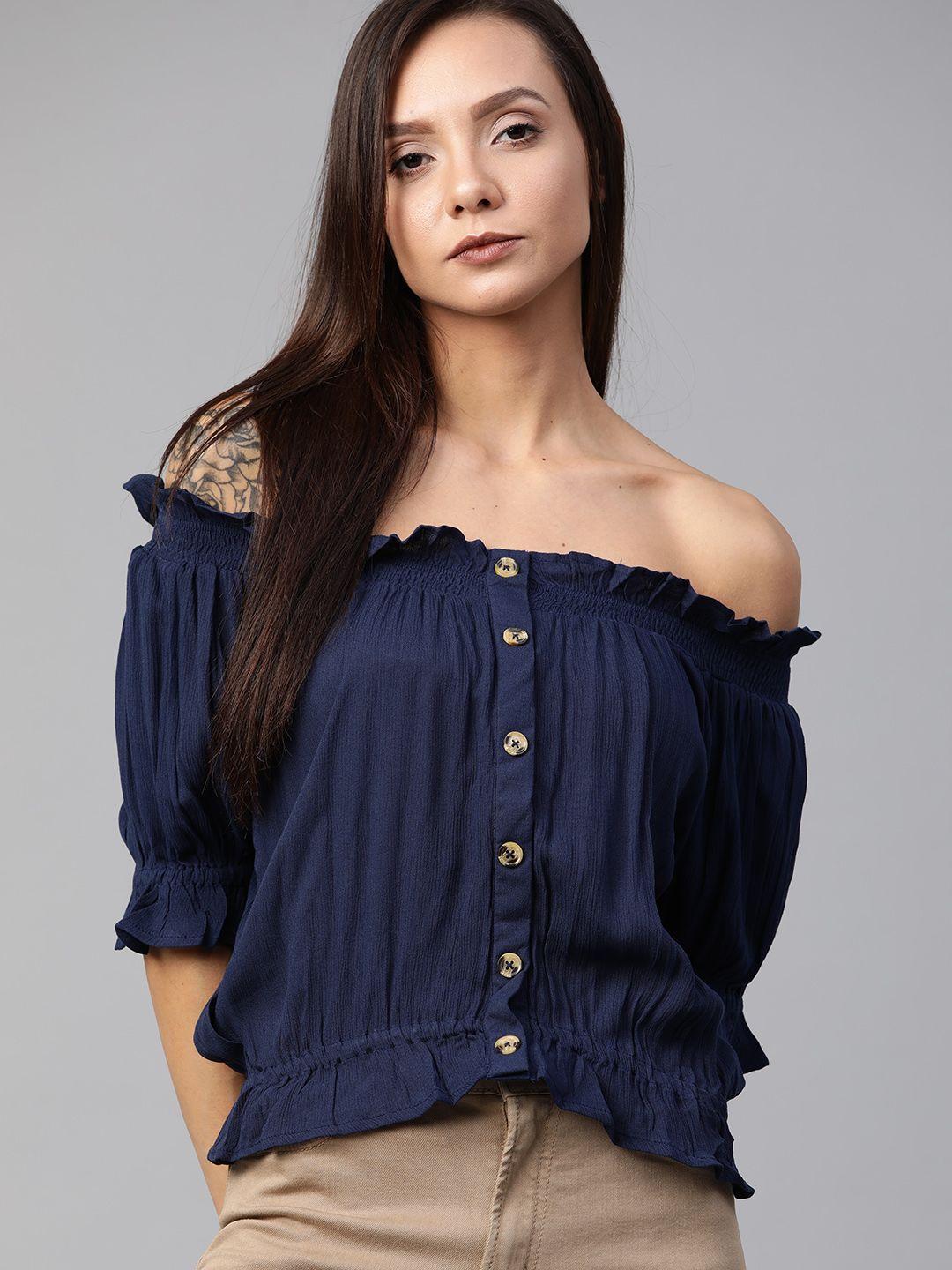 the roadster lifestyle co women navy blue solid crinkled ruffled bardot sustainable top