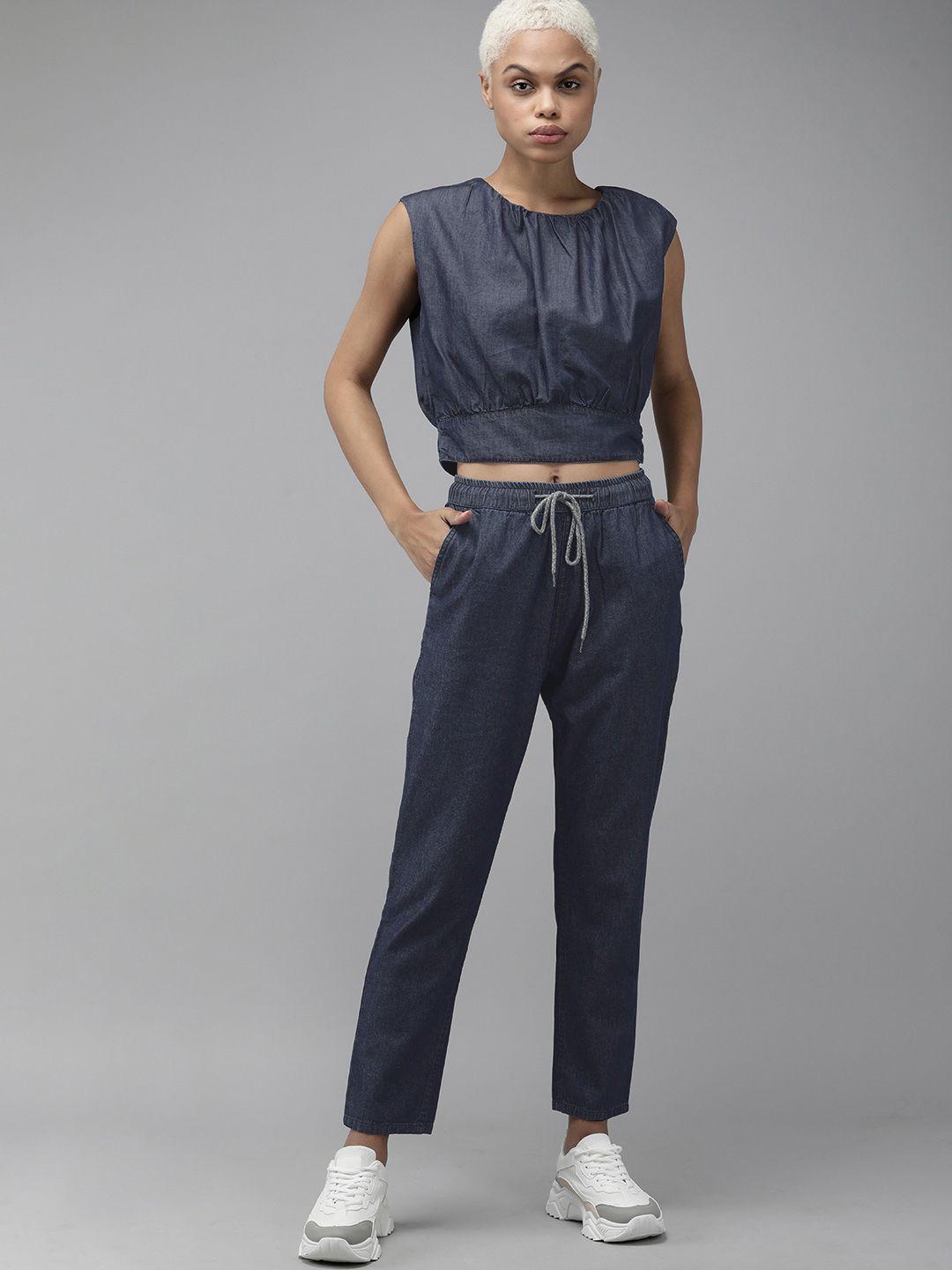 the roadster lifestyle co women navy blue solid denim co-ord set