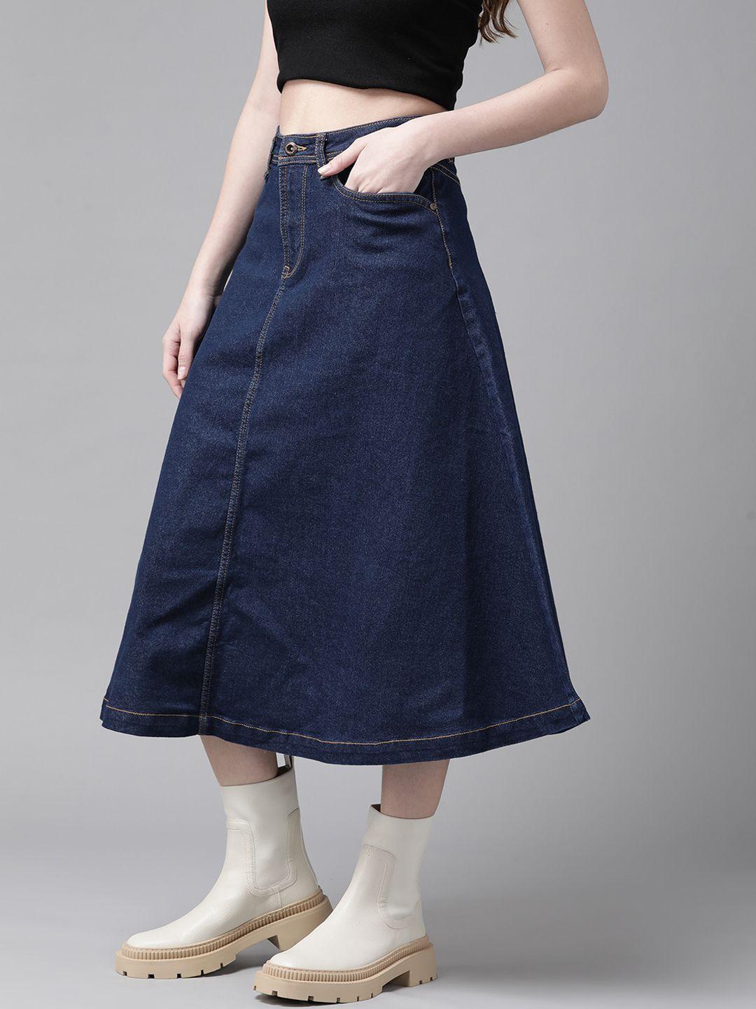 the roadster lifestyle co women navy blue solid flared denim skirt