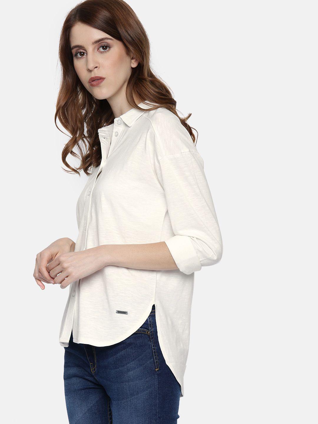 the roadster lifestyle co women off-white regular fit solid casual shirt