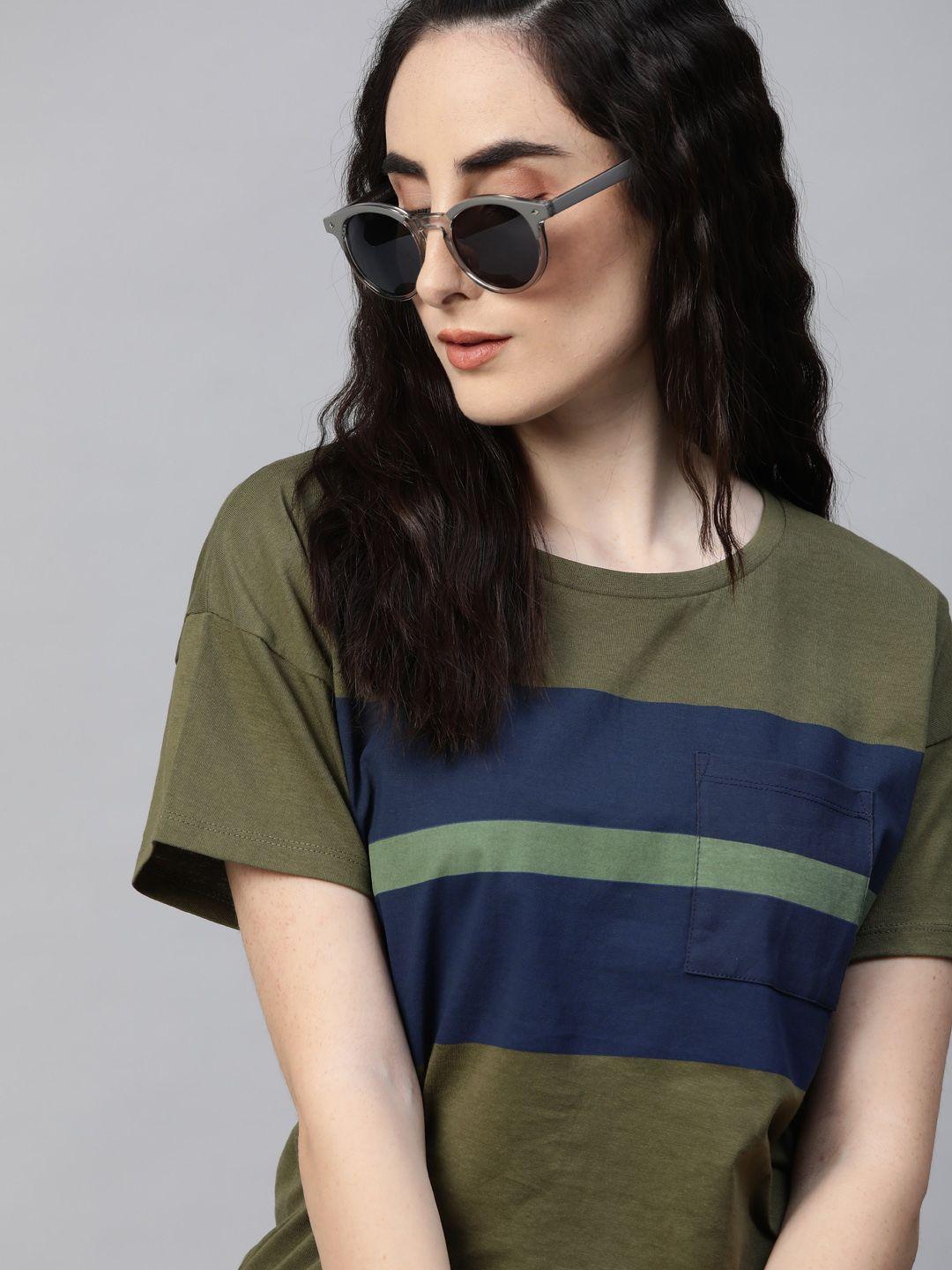 the roadster lifestyle co women olive  navy blue striped drop-shoulder sleeves pure cotton t-shirt