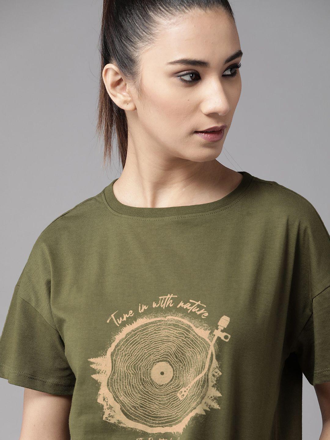 the roadster lifestyle co women olive green & beige printed cotton round neck t-shirt