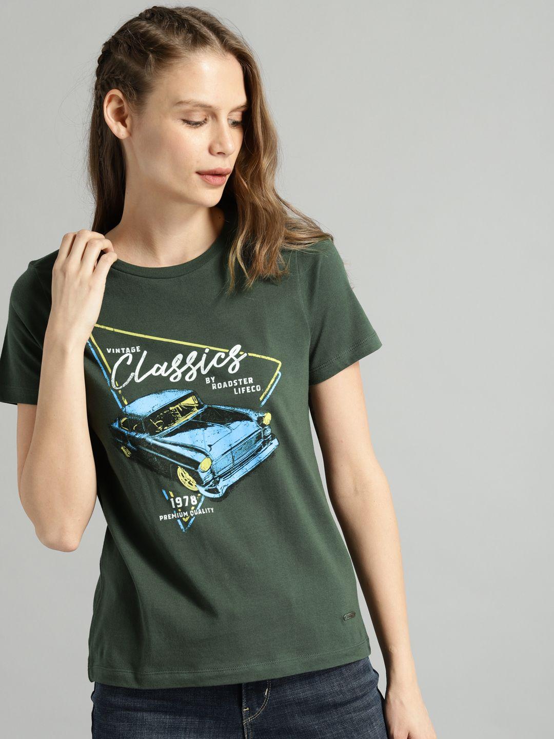 the roadster lifestyle co women olive green printed round neck t-shirt