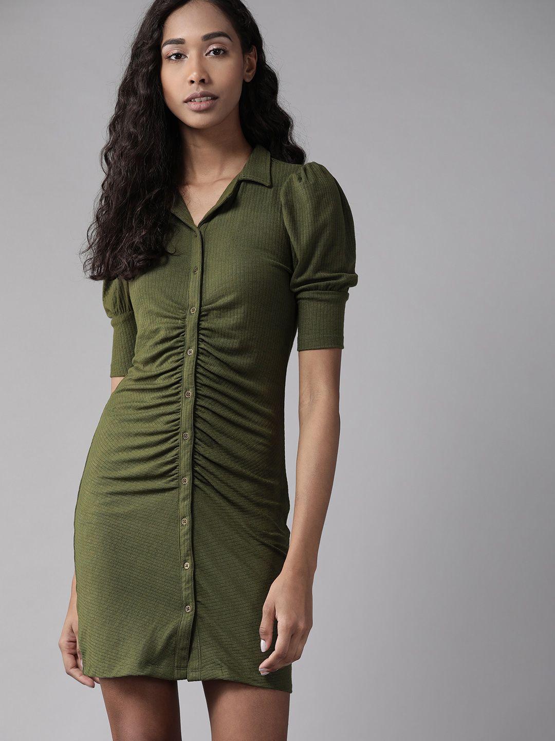 the roadster lifestyle co women olive green ribbed ruched bodycon dress