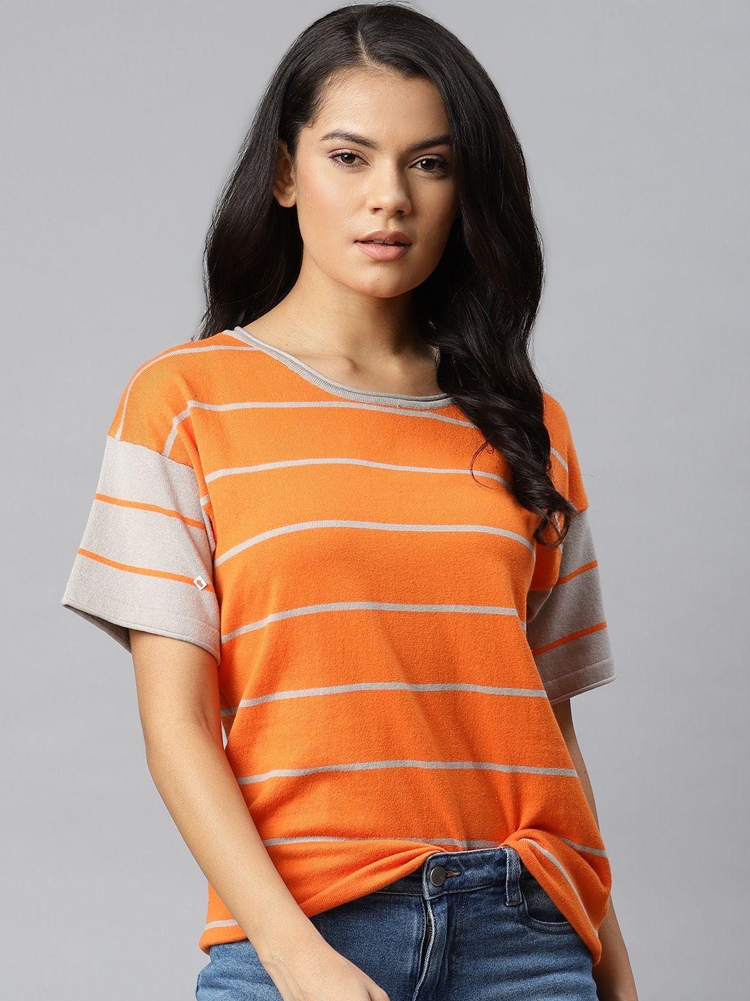 the roadster lifestyle co women orange & beige striped round neck t-shirt