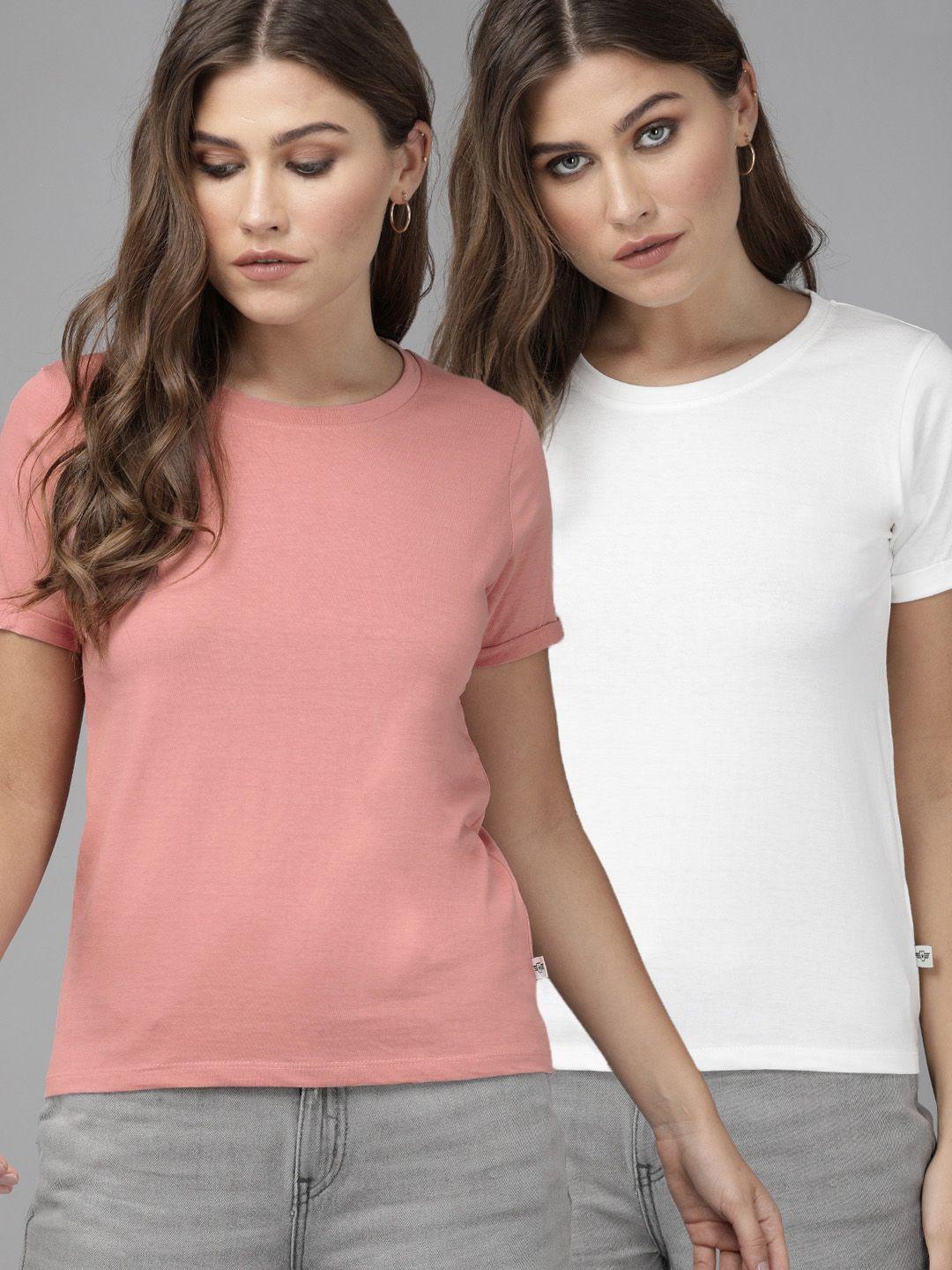 the roadster lifestyle co women pack of 2 peach-coloured  white solid round neck pure cotton t-shirt