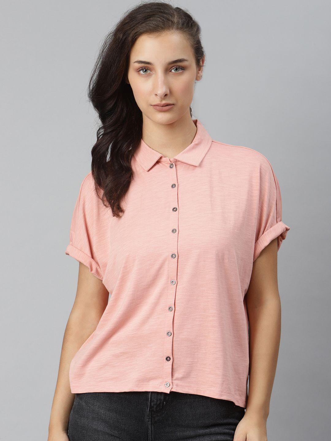 the roadster lifestyle co women peach-coloured stretchable regular fit solid casual shirt