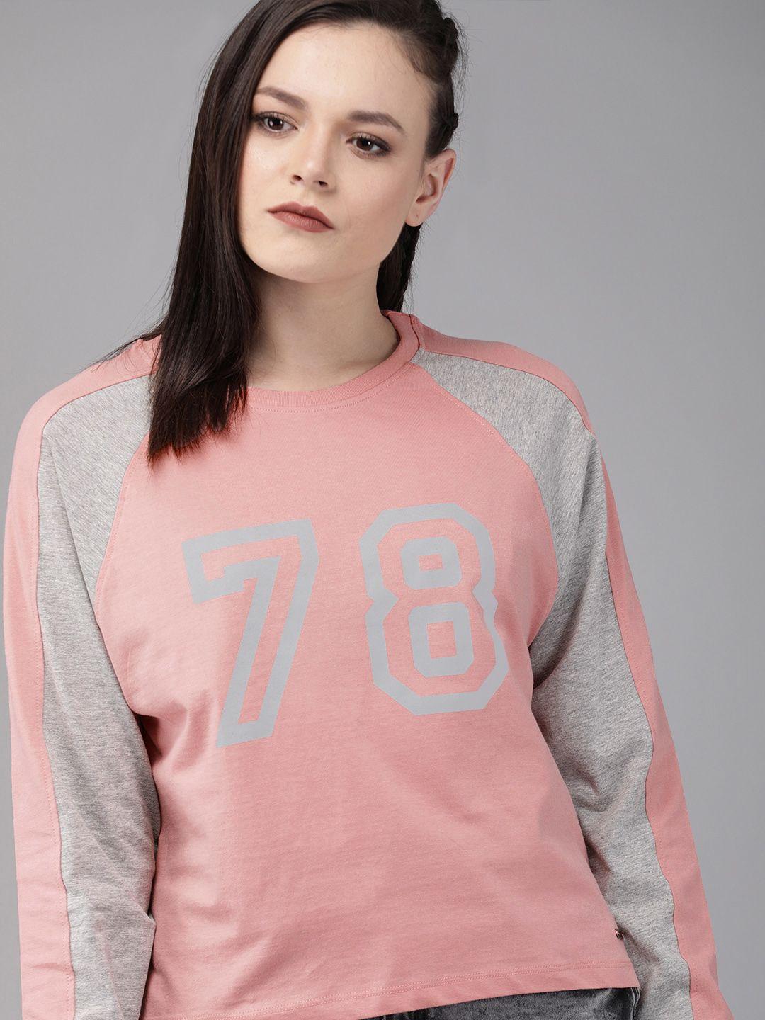 the roadster lifestyle co women pink  grey printed round neck top