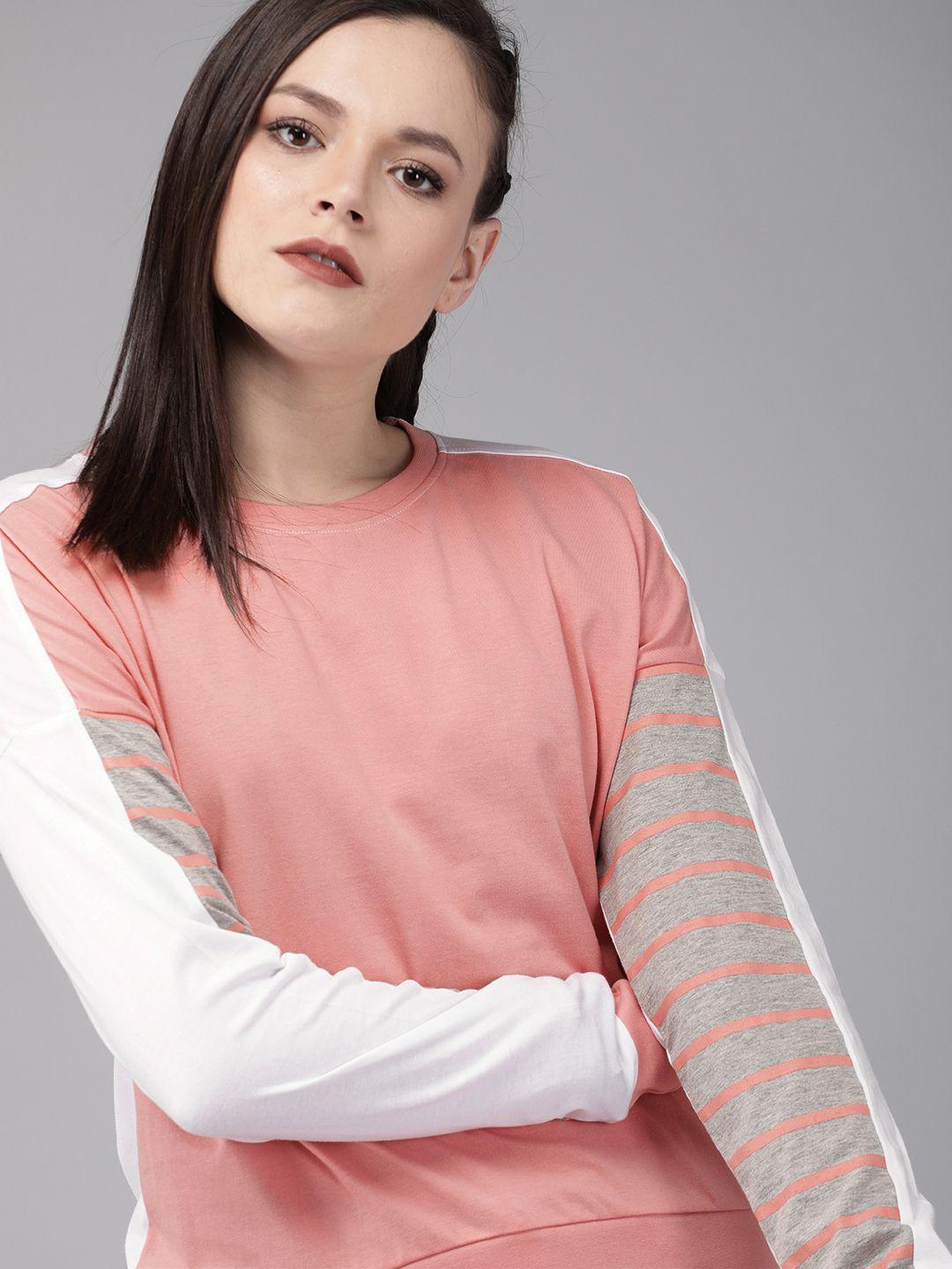 the roadster lifestyle co women pink  white solid round neck pure cotton t-shirt with striped sleeves