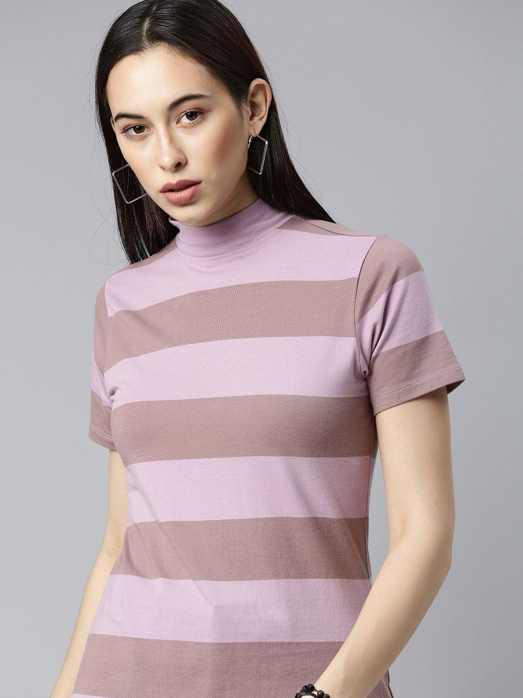 the roadster lifestyle co women pink striped high neck t-shirt