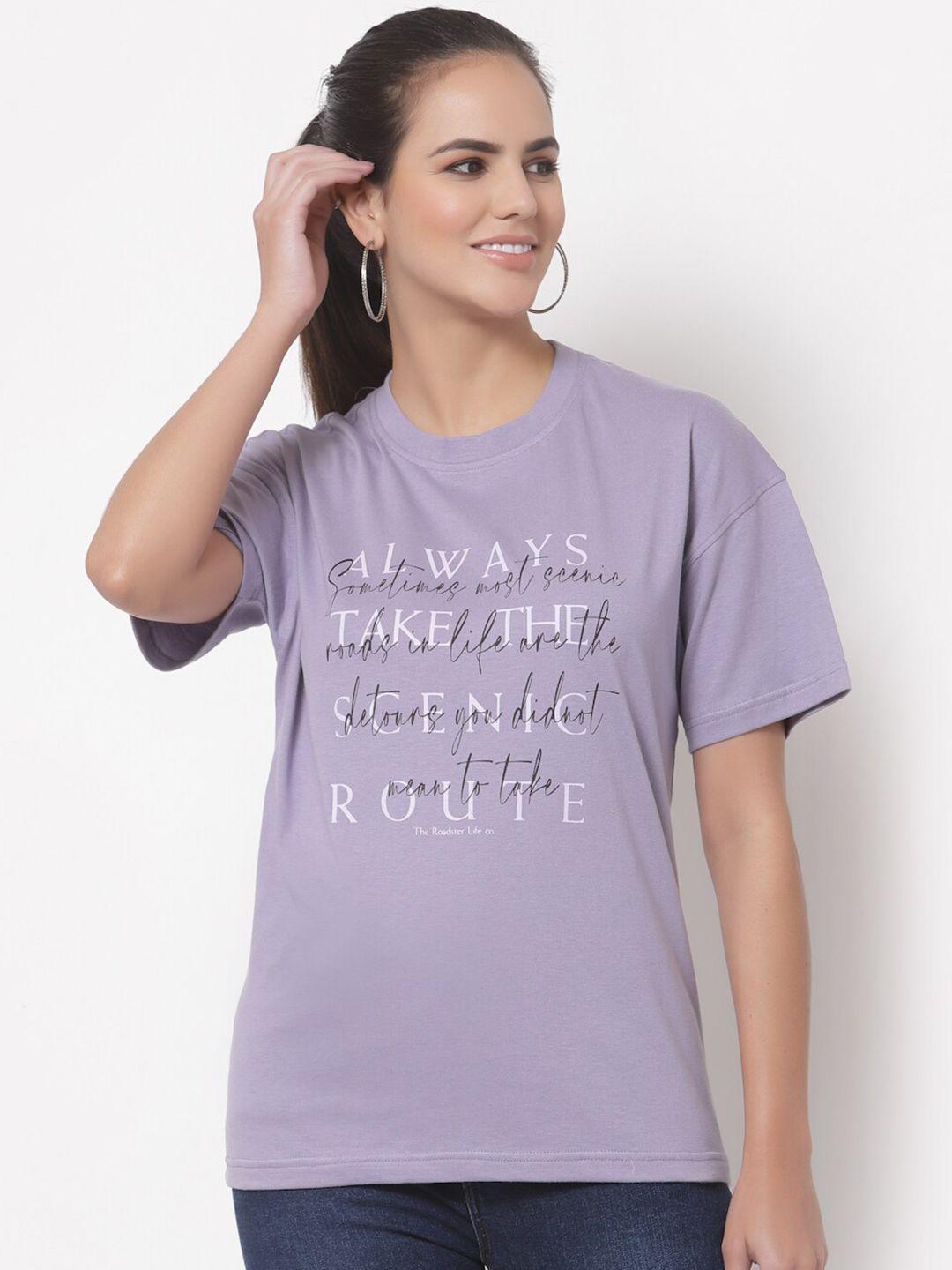 the roadster lifestyle co women purple & white printed pure cotton t-shirt