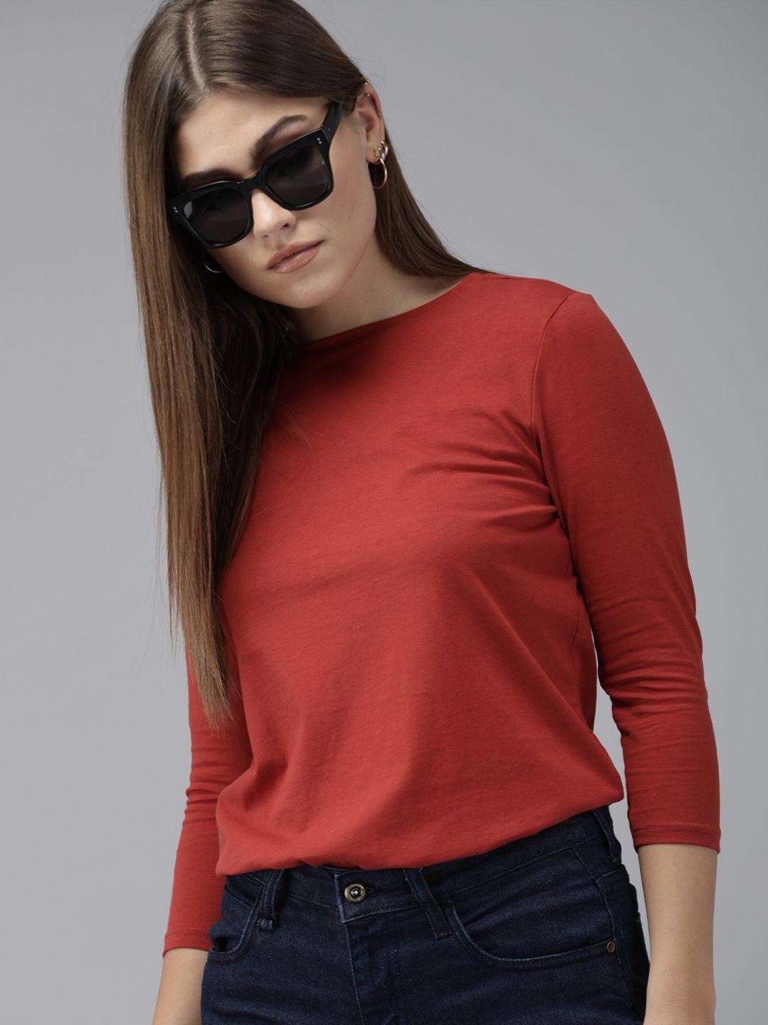 the roadster lifestyle co women red solid round neck t-shirt