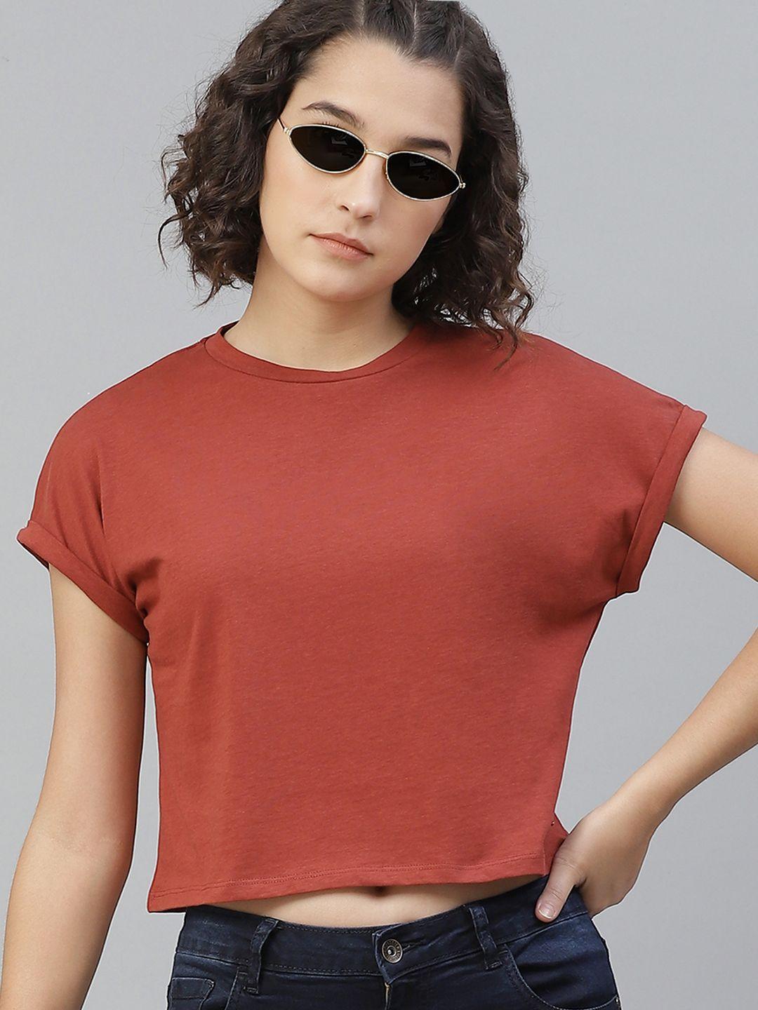 the roadster lifestyle co women rust brown solid round neck pure cotton t-shirt