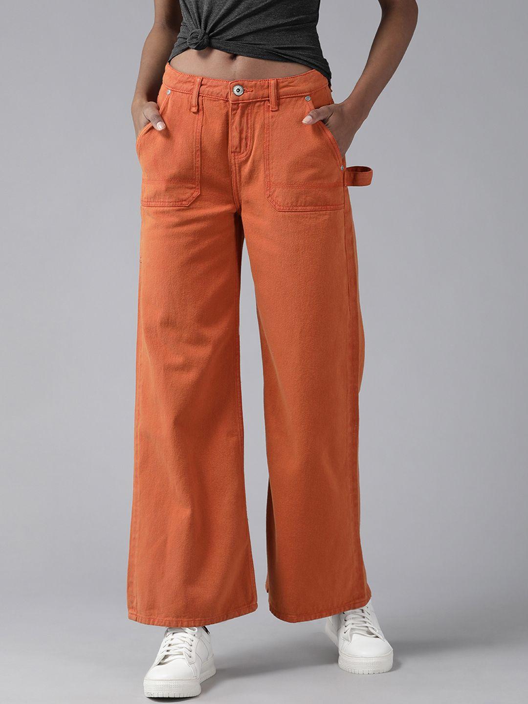 the roadster lifestyle co women rust orange pure cotton wide leg jeans