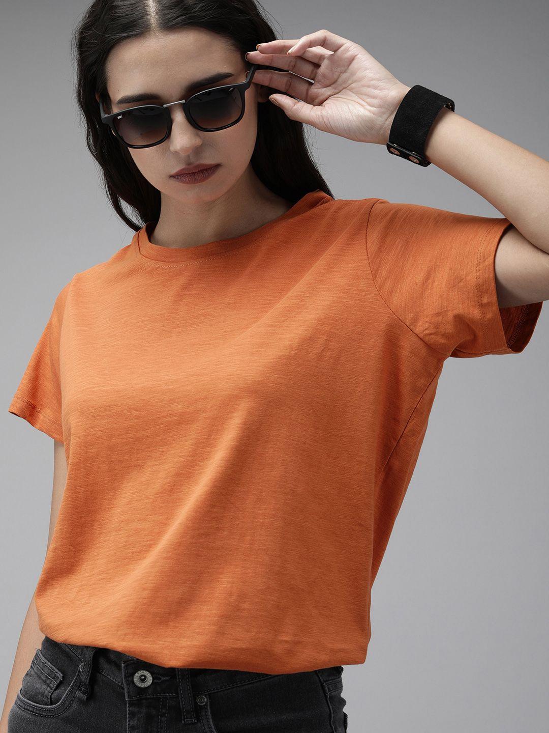 the roadster lifestyle co women rust orange solid round neck pure cotton t-shirt