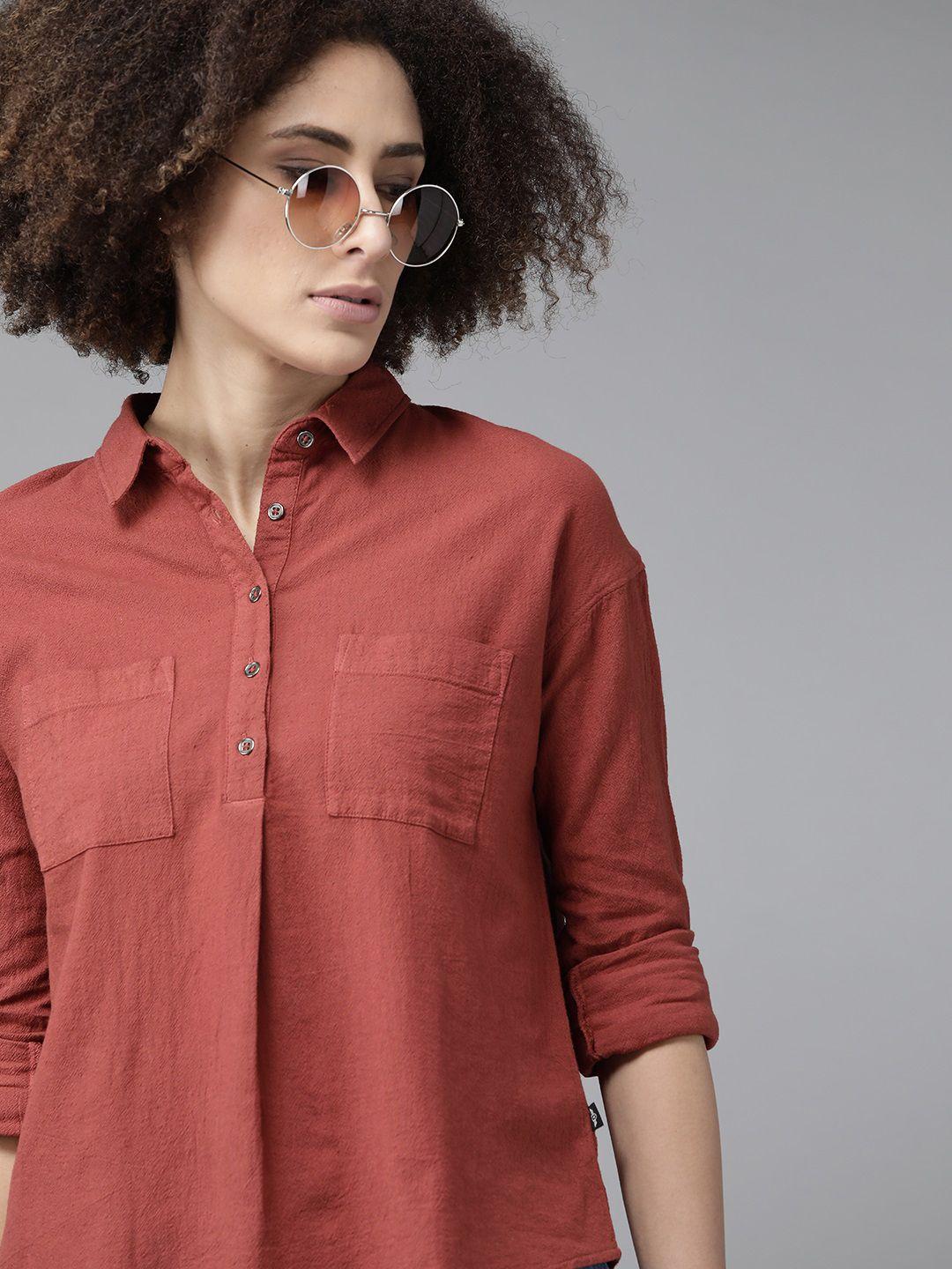 the roadster lifestyle co women rust red opaque pure cotton casual shirt