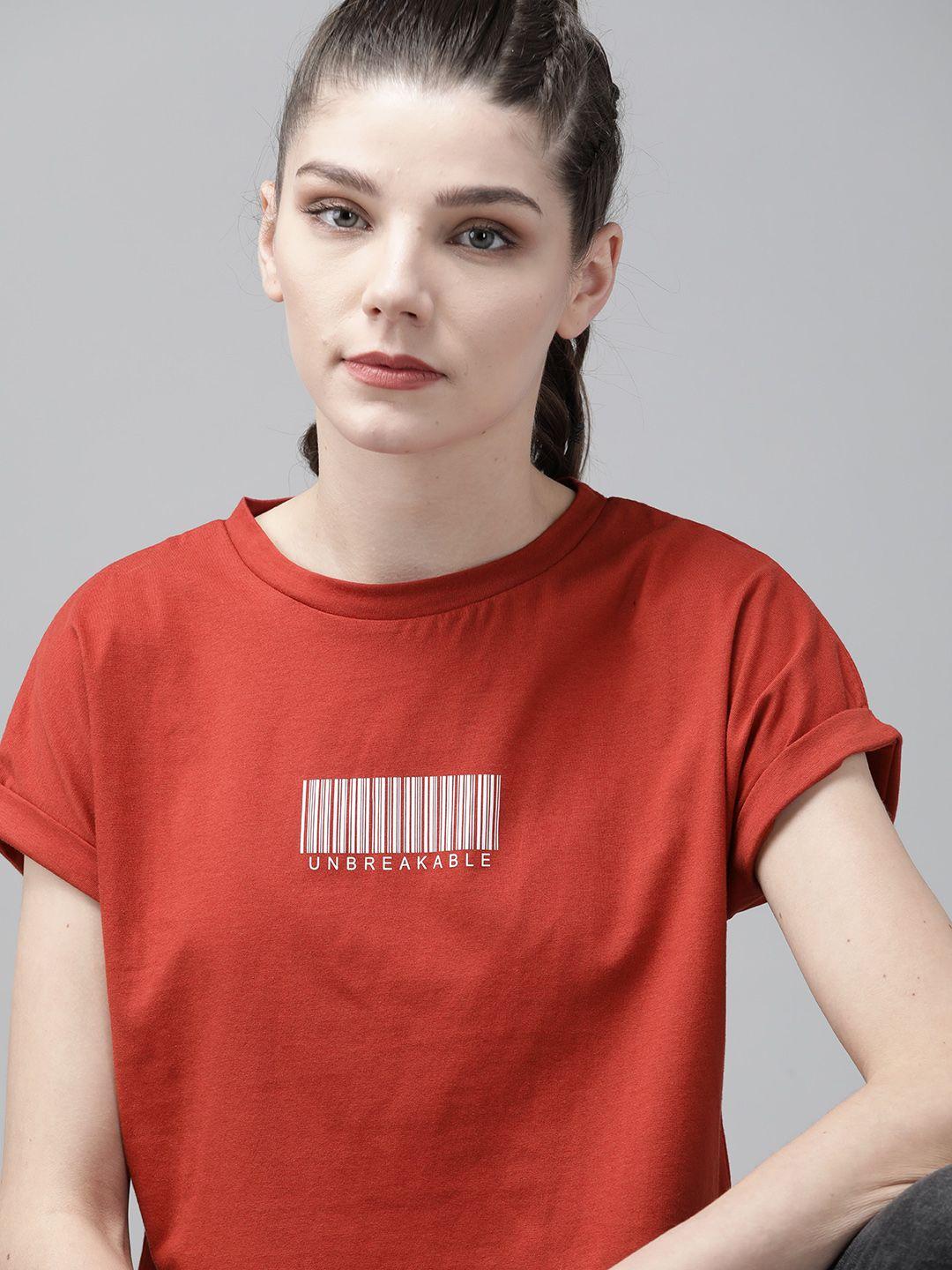 the roadster lifestyle co women rust red printed round neck crop pure cotton t-shirt