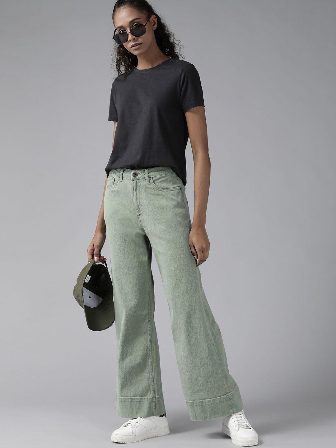 the roadster lifestyle co women sage green wide leg high-rise stretchable jeans