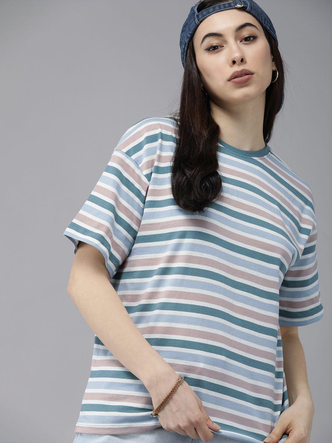 the roadster lifestyle co women teal blue  mauve striped oversized boyfriend fit pure cotton t-shirt