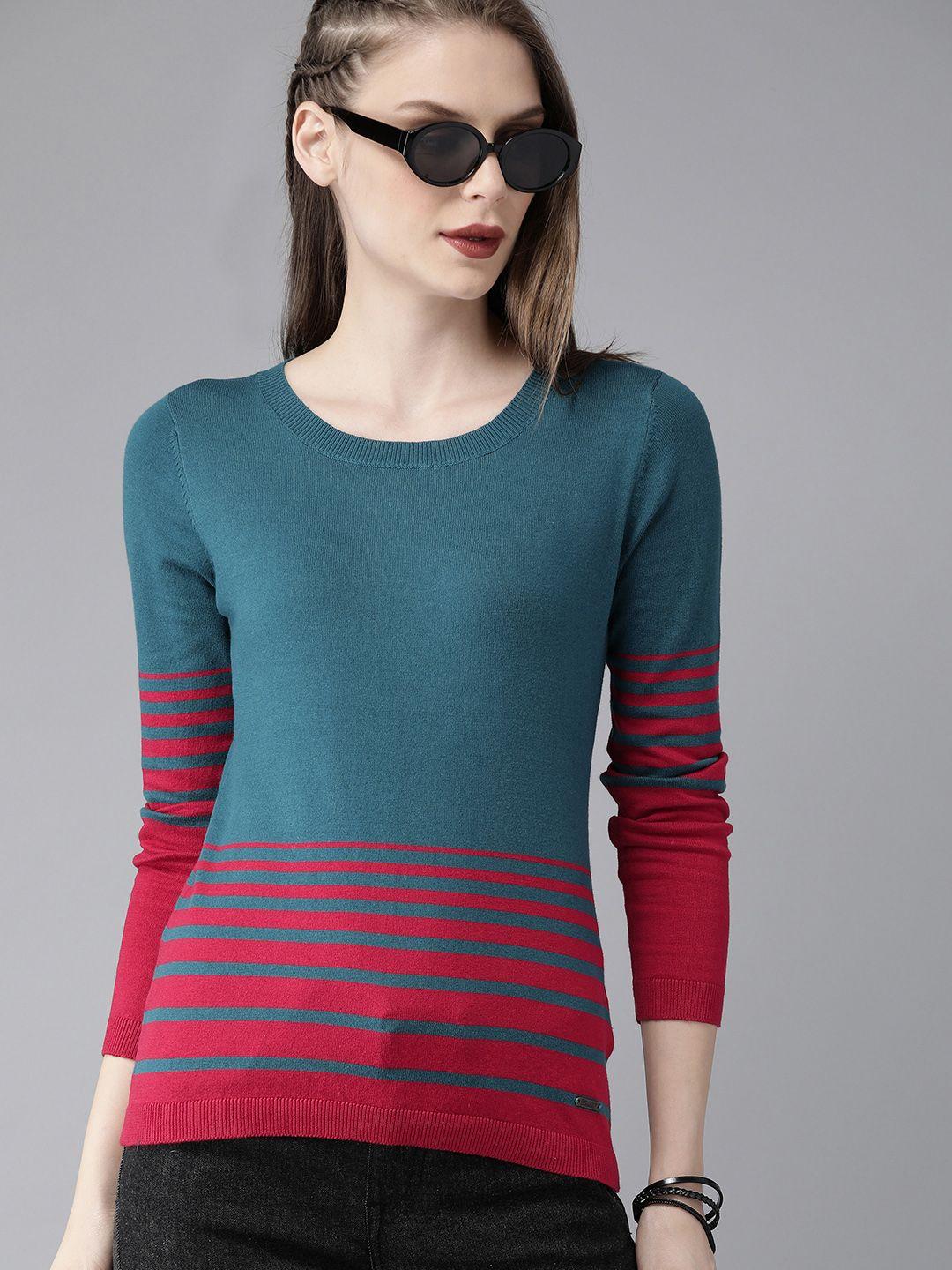 the roadster lifestyle co women teal blue  red striped pure cotton top