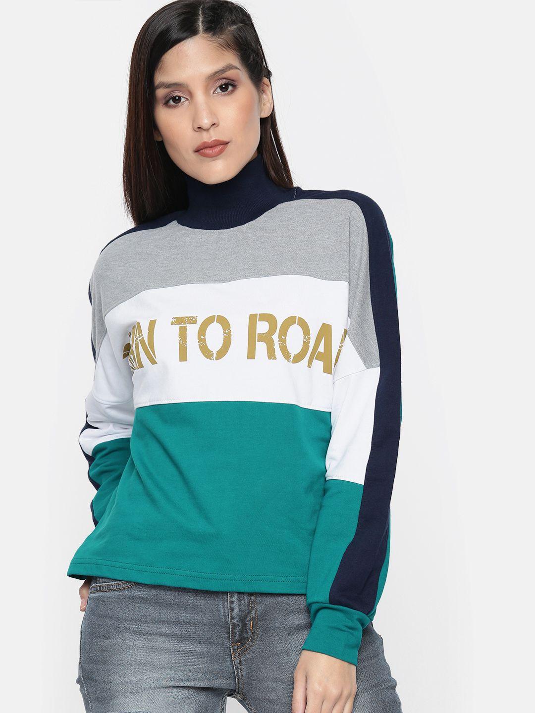 the roadster lifestyle co women teal green & white colourblocked lightweight pullover sweatshirt
