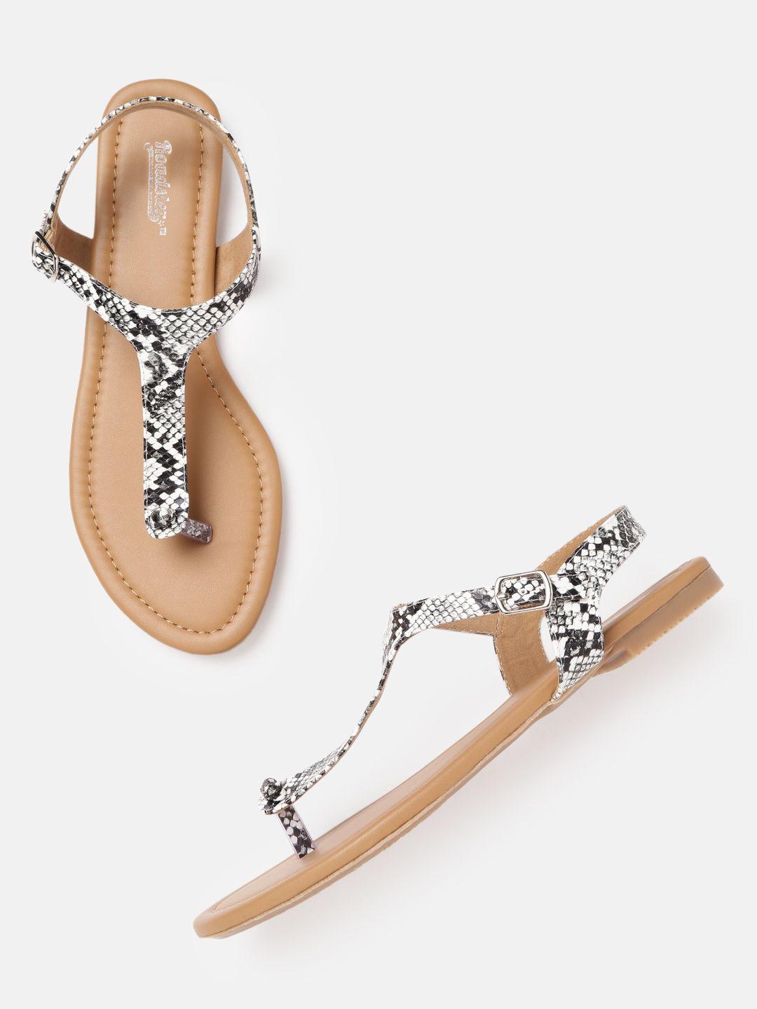 the roadster lifestyle co women white & black snakeskin print t-strap flats