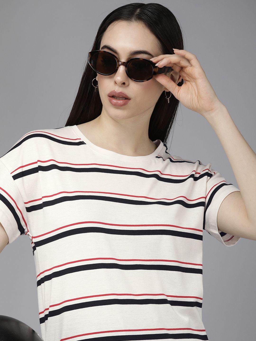 the roadster lifestyle co women white & black striped extended sleeves relaxed fit t-shirt