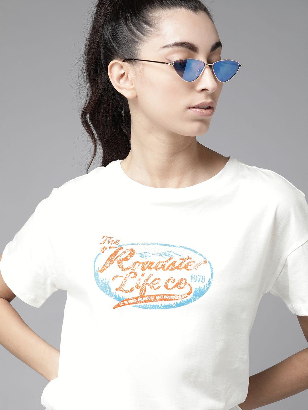 the roadster lifestyle co women white & orange printed pure cotton round neck t-shirt