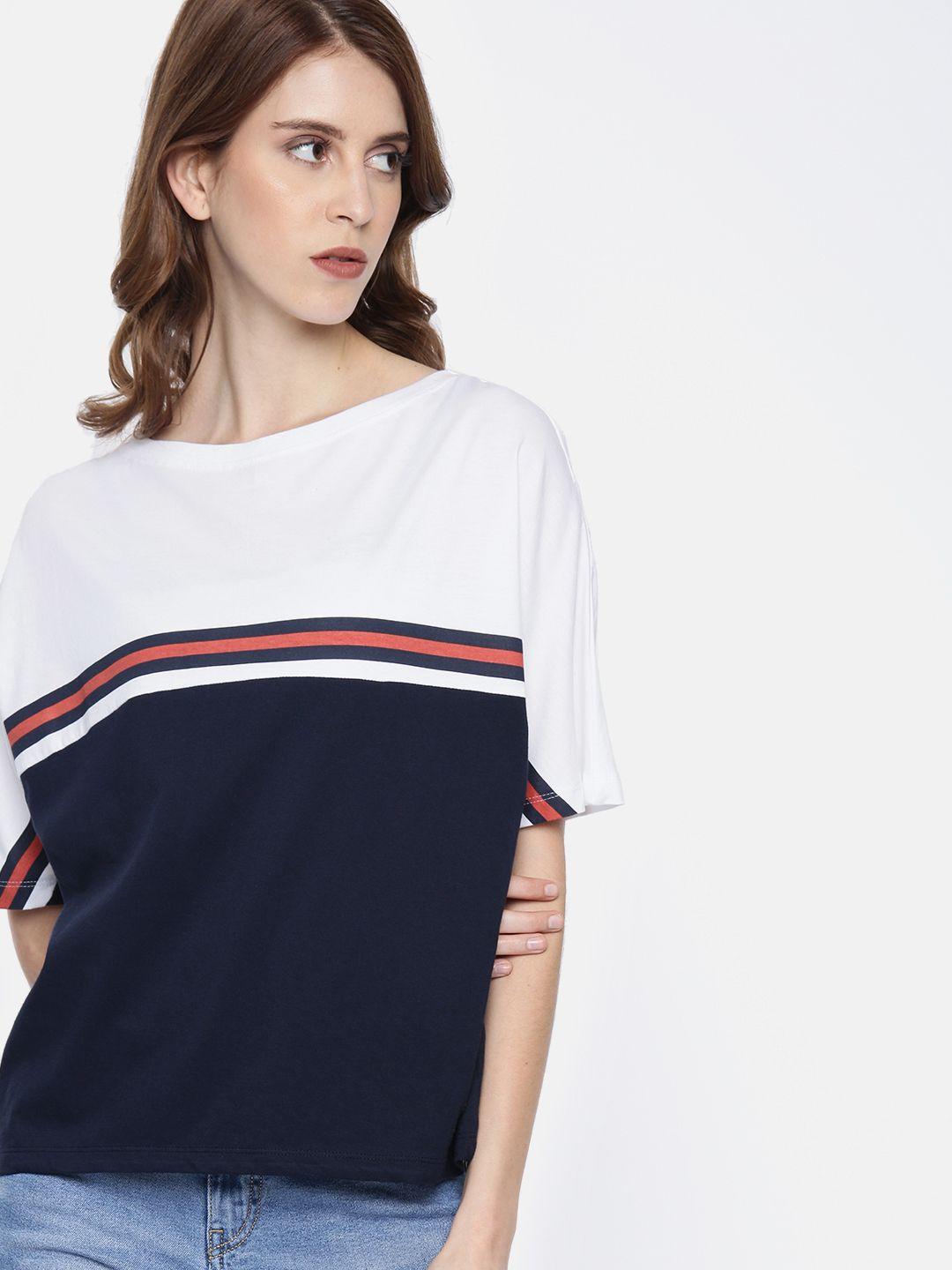 the roadster lifestyle co women white  navy blue colourblocked round neck pure cotton t-shirt