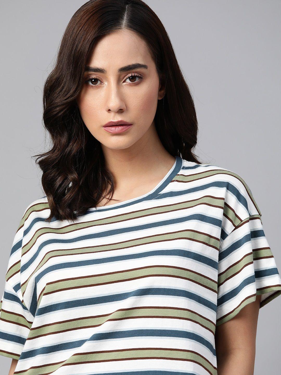 the roadster lifestyle co women white  navy blue striped drop-shoulder sleeves cotton easy boxy pure cotton t-shirt