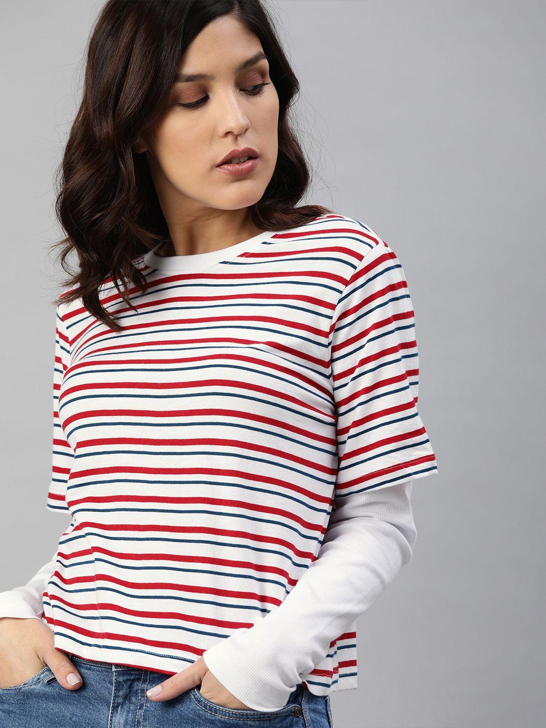 the roadster lifestyle co women white  red striped round neck pure cotton t-shirt with doctor sleeves
