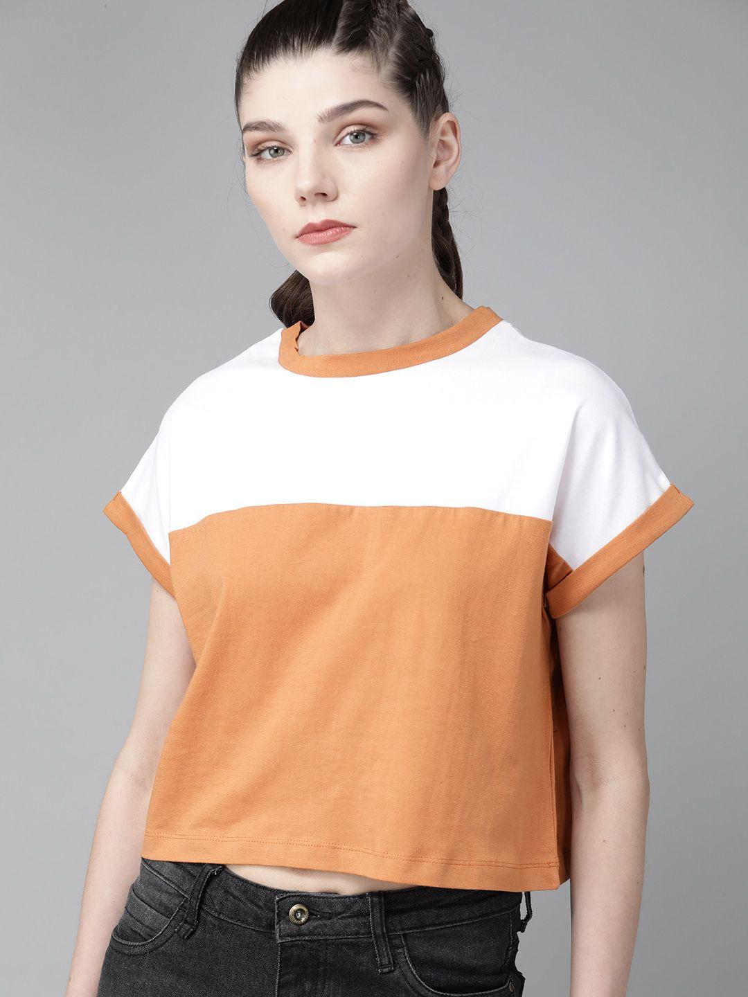 the roadster lifestyle co women white colourblocked round neck t-shirt