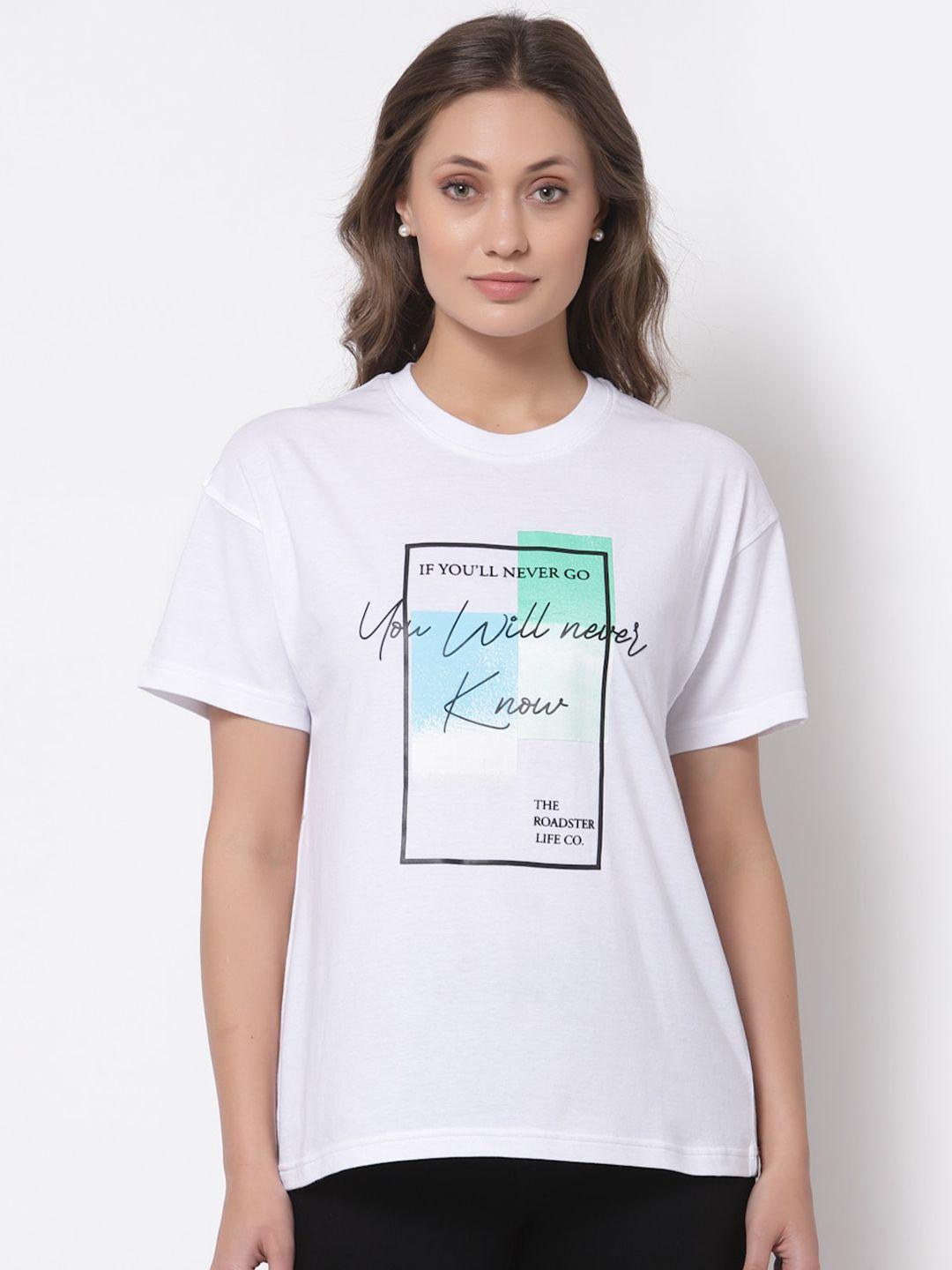 the roadster lifestyle co women white printed pure cotton loose t-shirt