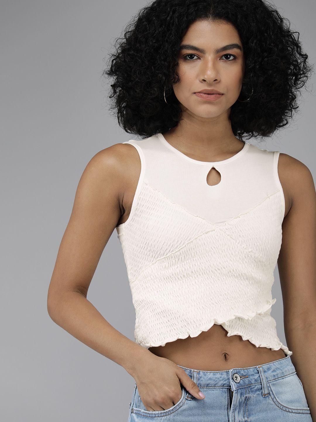 the roadster lifestyle co women white smocked keyhole neck crop top