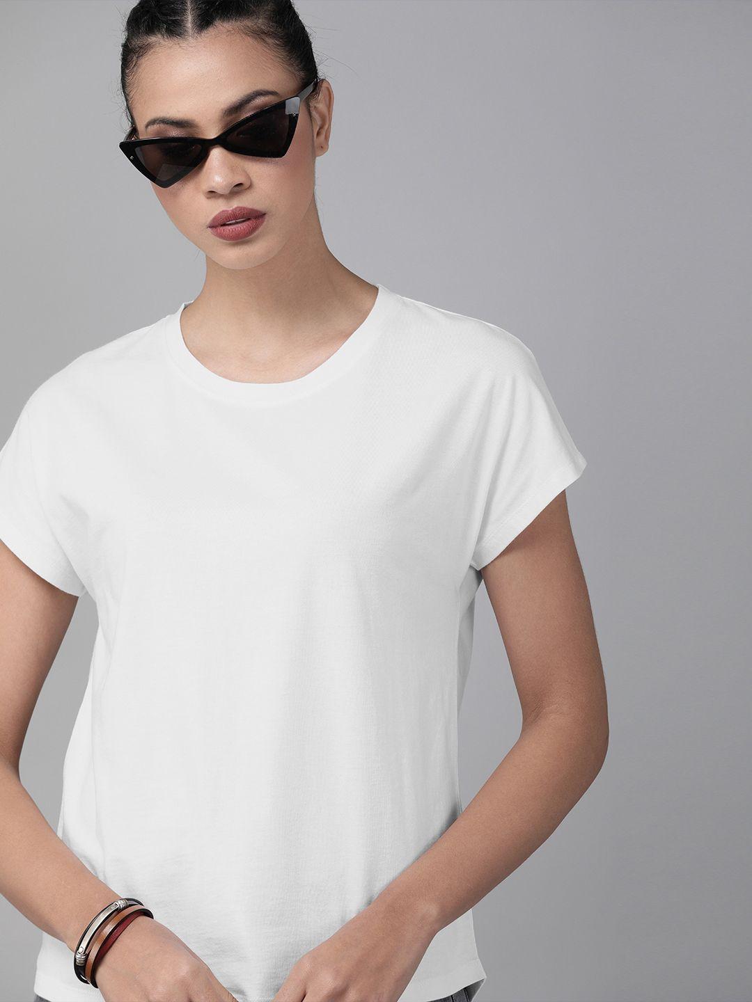 the roadster lifestyle co women white solid round neck pure cotton t-shirt