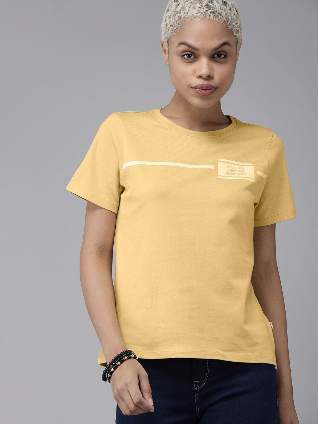 the roadster lifestyle co women yellow & white typography printed pure cotton  t-shirt