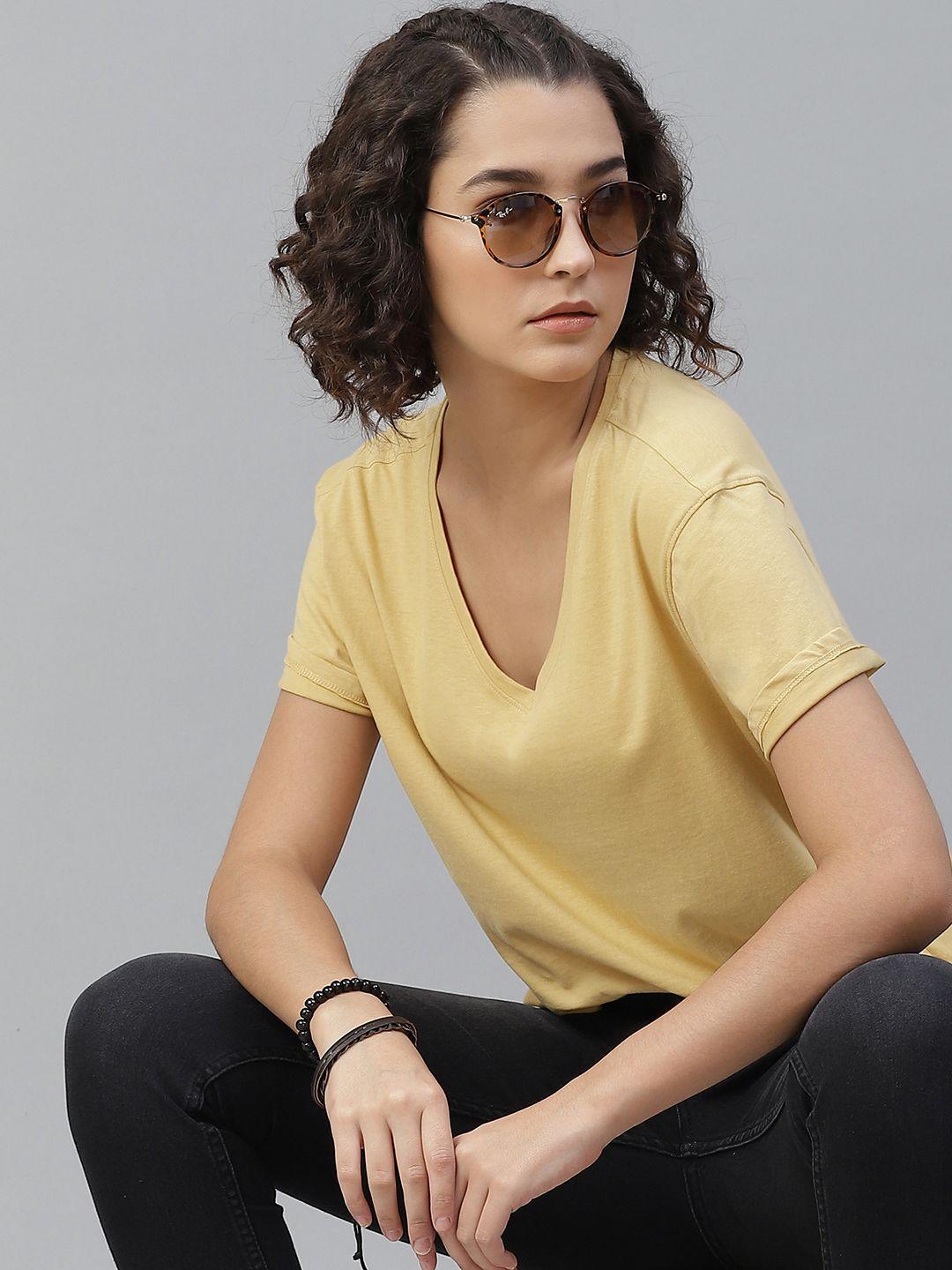 the roadster lifestyle co women yellow cotton solid v-neck pure cotton t-shirt