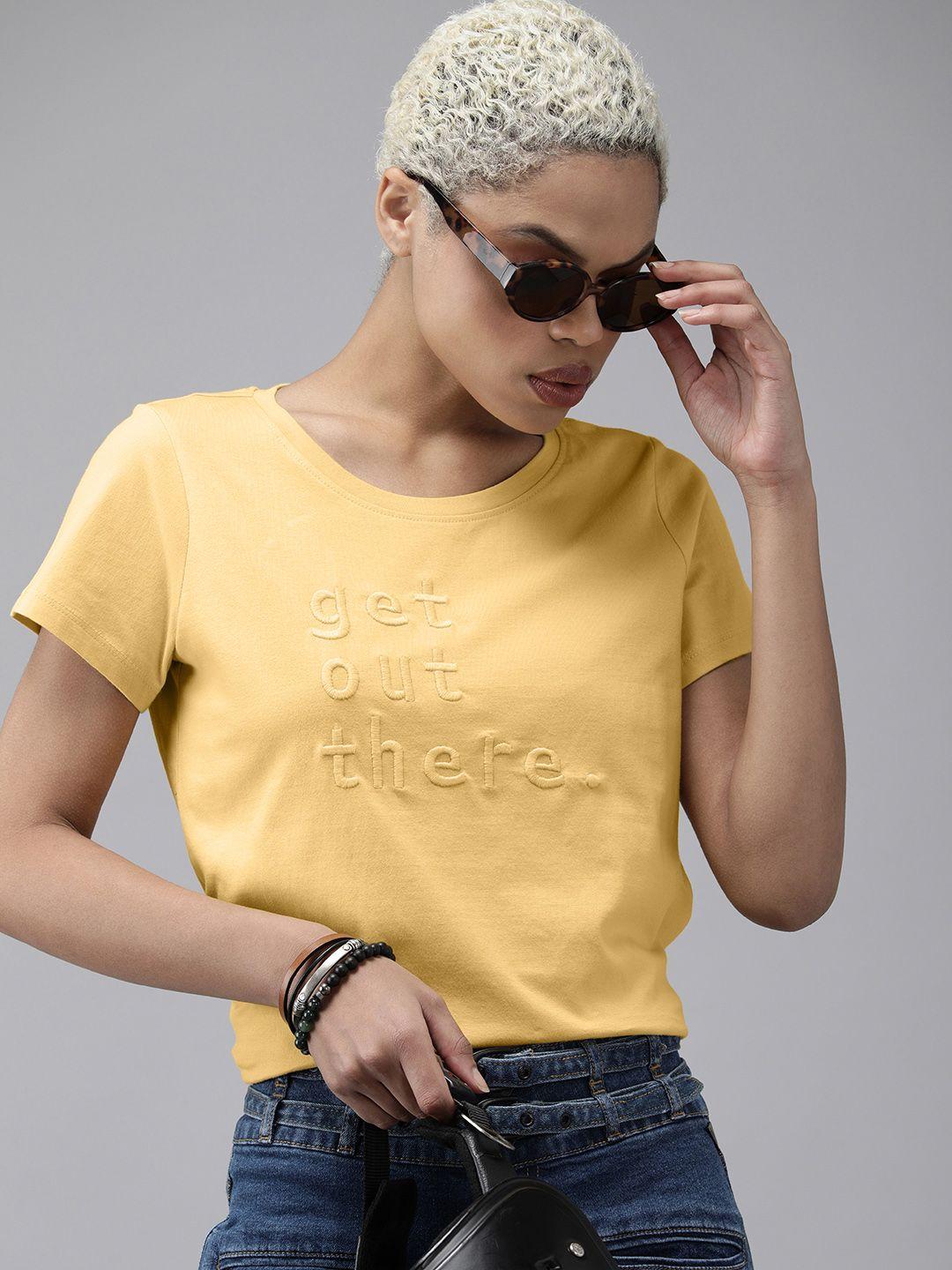 the roadster lifestyle co women yellow embroidered pure cotton casual t-shirt