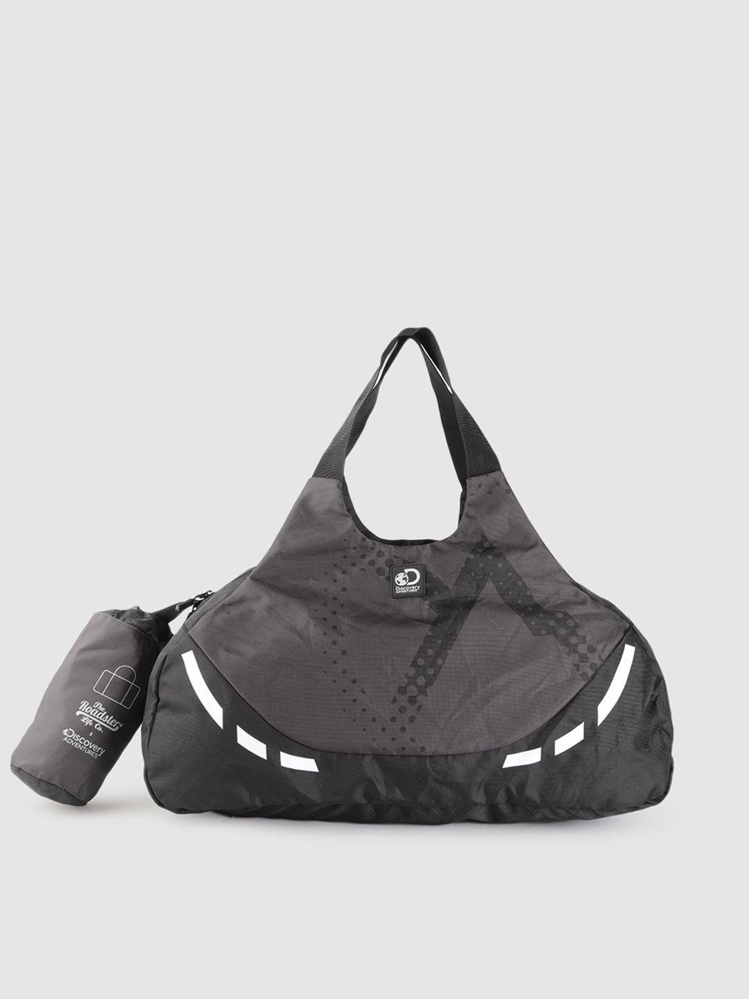 the roadster lifestyle co x discovery adventures unisex black & charcoal grey printed foldable duffel bag