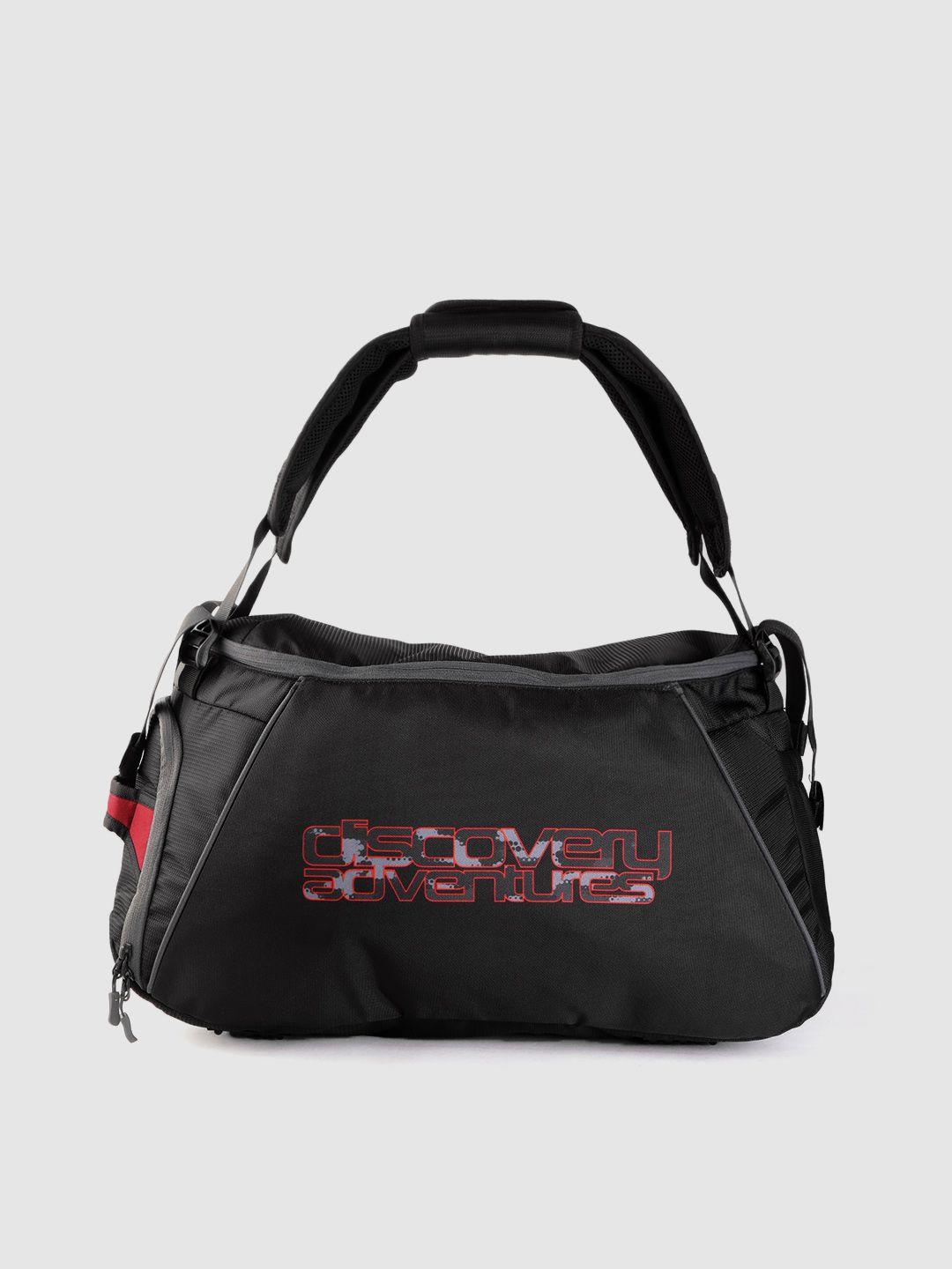 the roadster lifestyle co x discovery adventures unisex black & red brand logo print duffel bag