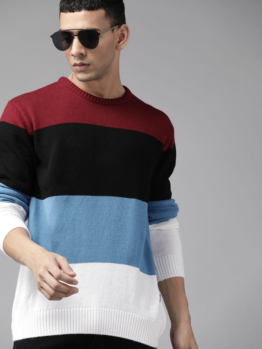 the roadster lifestyle co.  men maroon & blue acrylic colourblocked pullover