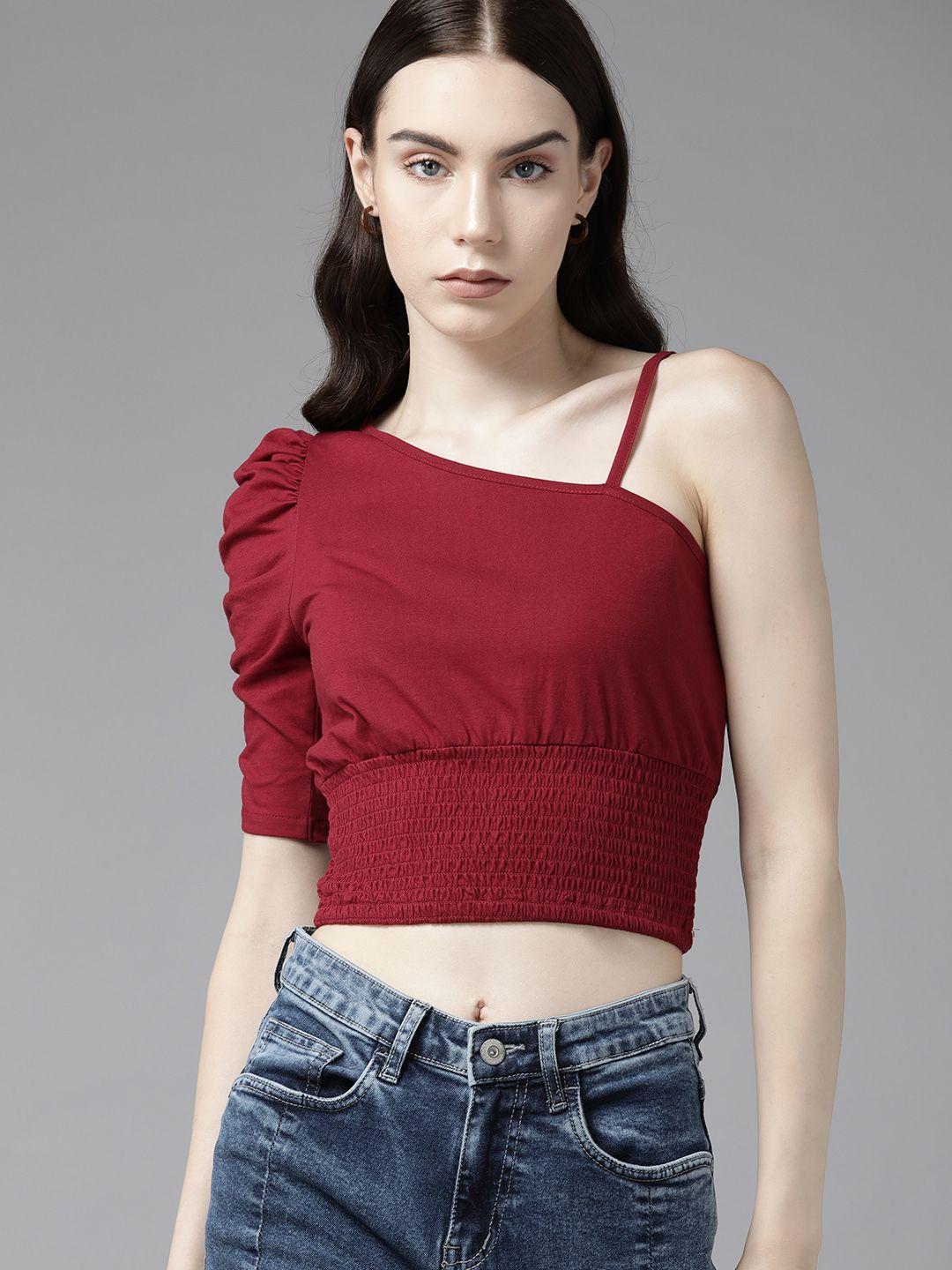 the roadster lifestyle co. asymmetric neck puff sleeve cinched waist crop top