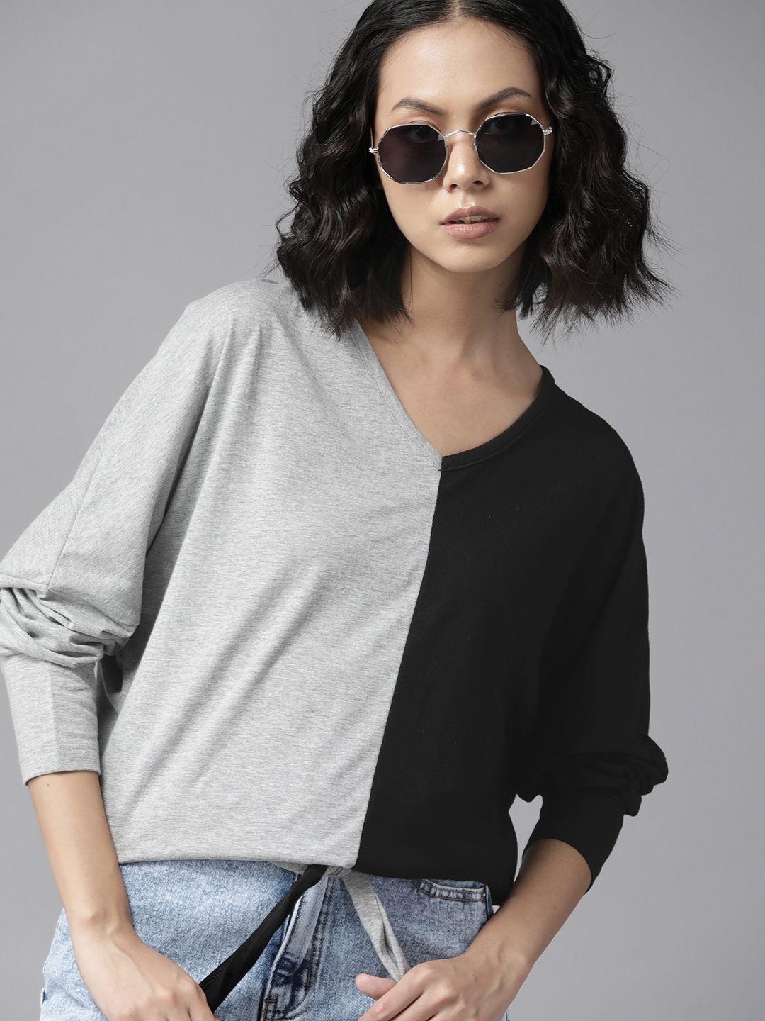 the roadster lifestyle co. black & grey colourblocked extended sleeves front tie-up top