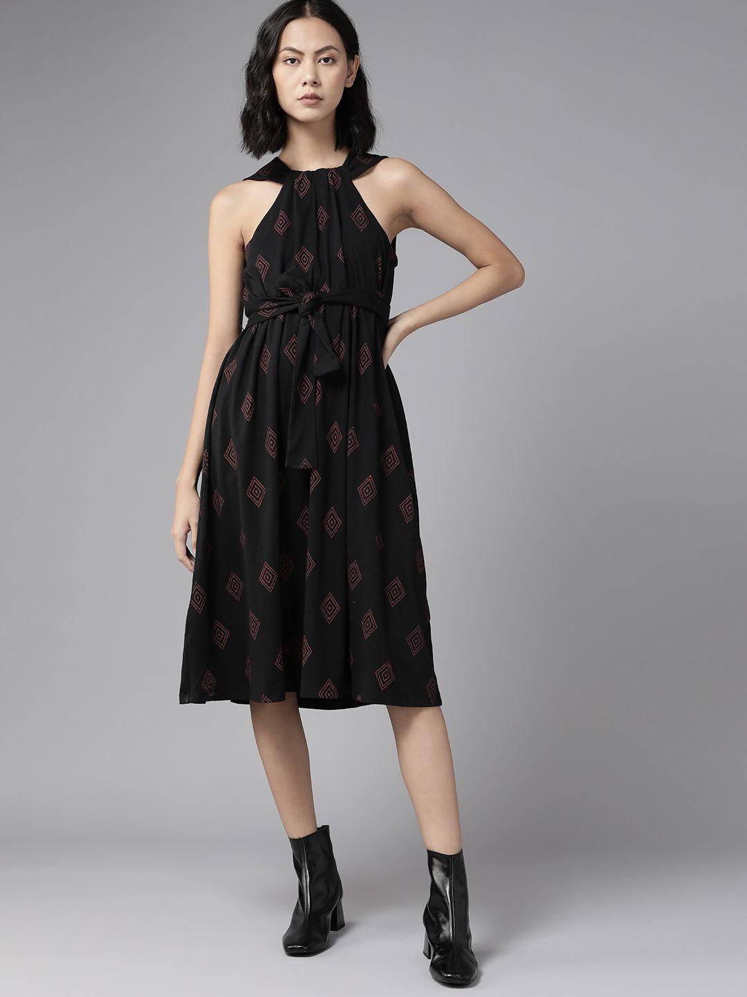 the roadster lifestyle co. black & red geometric print a-line midi dress