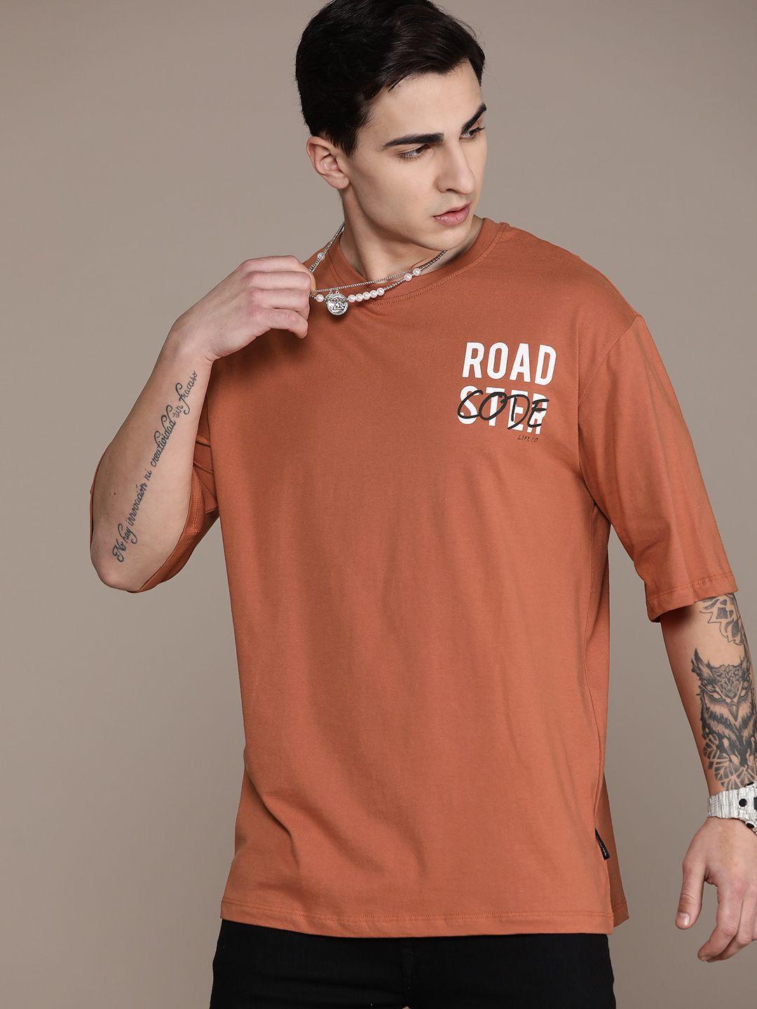 the roadster lifestyle co. brand logo printed drop-shoulder sleeves pure cotton t-shirt