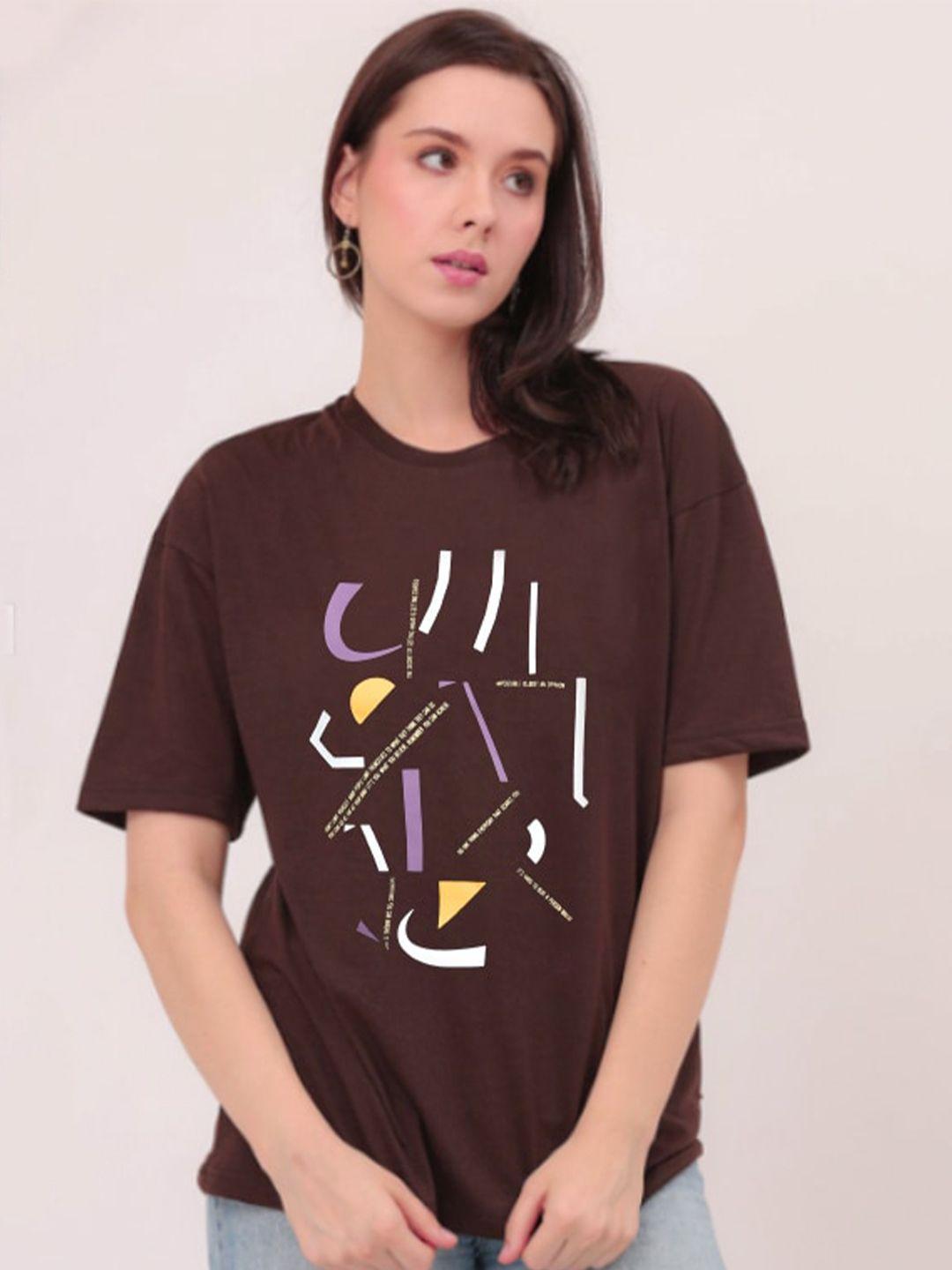 the roadster lifestyle co. brown & white abstract printed oversized pure-cotton t-shirt