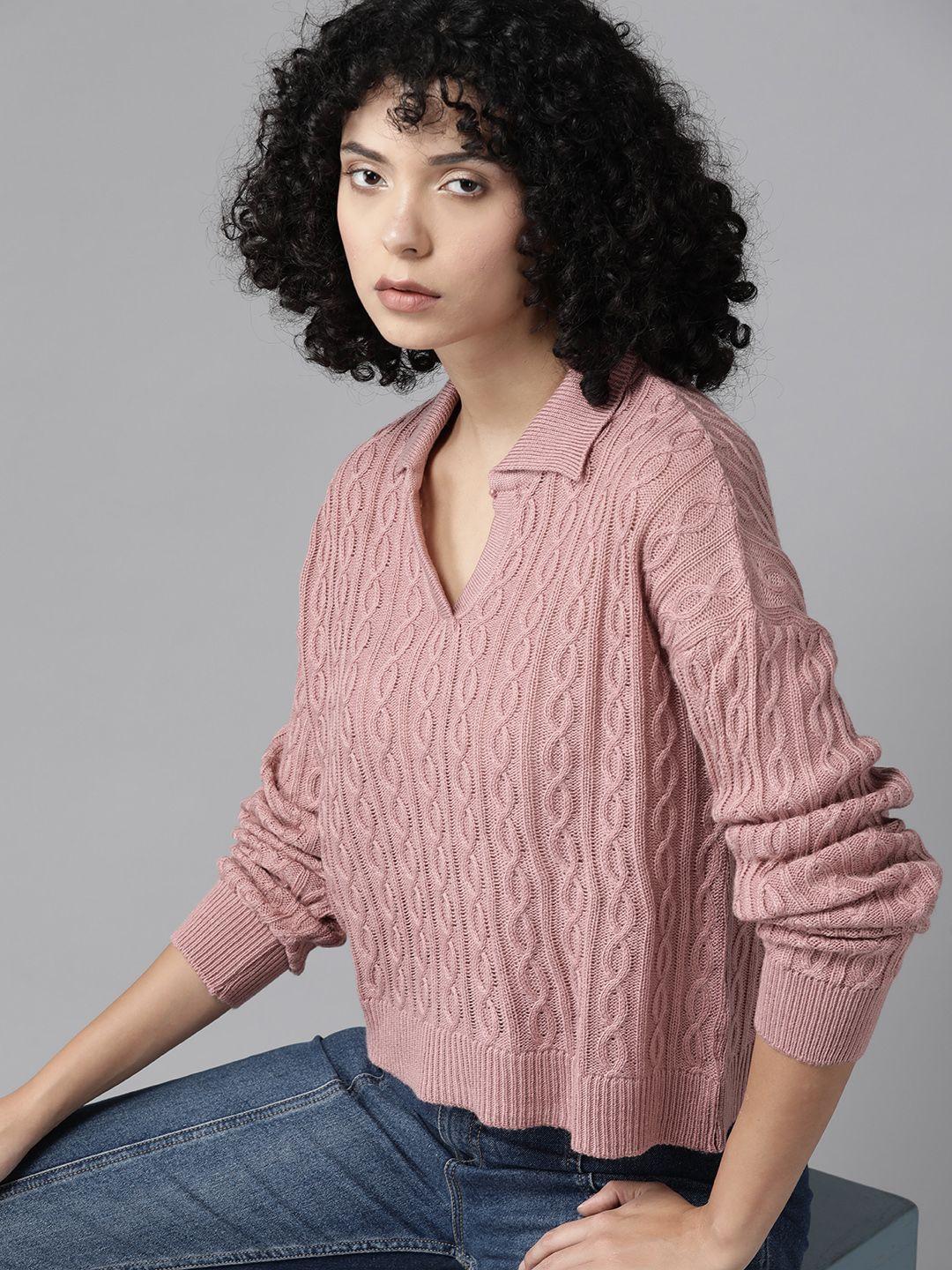 the roadster lifestyle co. cable knit shirt collar crop pullover