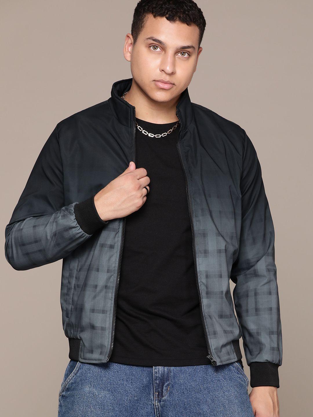 the roadster lifestyle co. checked ombre printed mock collar bomber jacket